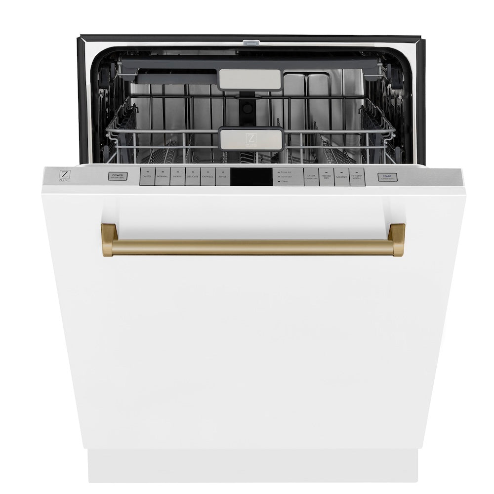 ZLINE Autograph Edition 36-inch Stainless Steel Dual Fuel Range with White Matte Door, Range Hood & Dishwasher - Champagne Bronze Accents | Professional Kitchen Package for Modern Homes & Gourmet Cooking (3AKP RAWMRHDWM36 CB)