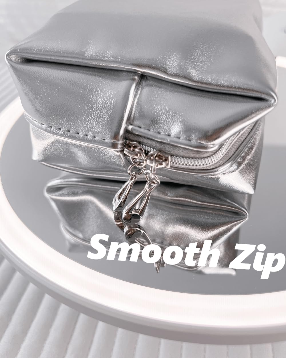 Small Makeup Bag for Women | Silver Leather Cosmetic Pouch | Travel & Everyday Essentials Organizer