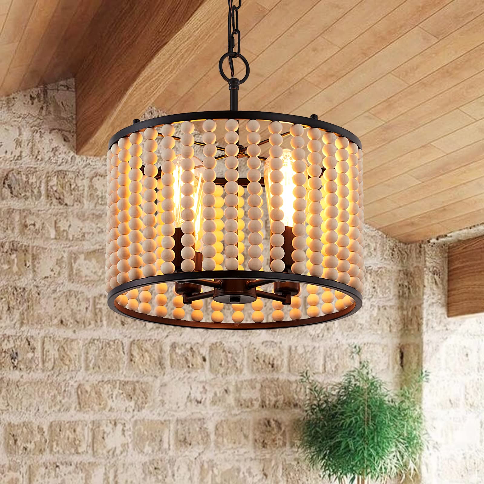 Farmhouse Chandelier Light Fixture - 4-Light Wood Beaded Boho Pendant Lantern for Dining Room, Living Room, Kitchen & Entryway - Rustic Ceiling Lighting for Home Decor & Foyer