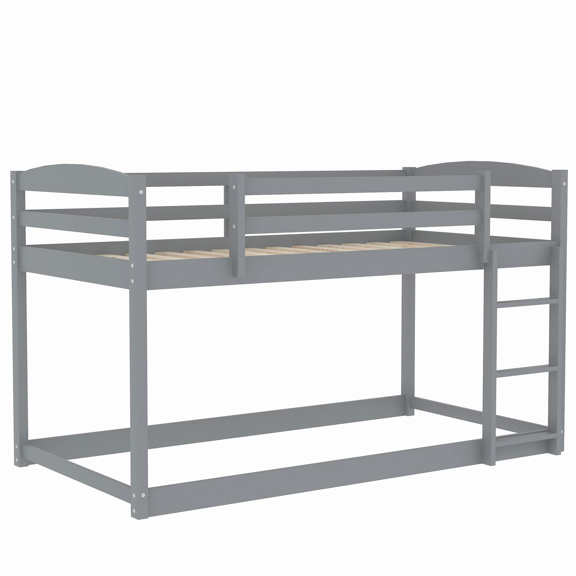 Twin Over Twin Solid Wood Bunk Bed with Ladder & Safety Guardrails - Space Saving Low Bunk Bed Frame with Slats for Teens Bedroom - No Box Spring Needed - Gray - Perfect for Small Rooms, Kids' Bedrooms & Vacation Homes
