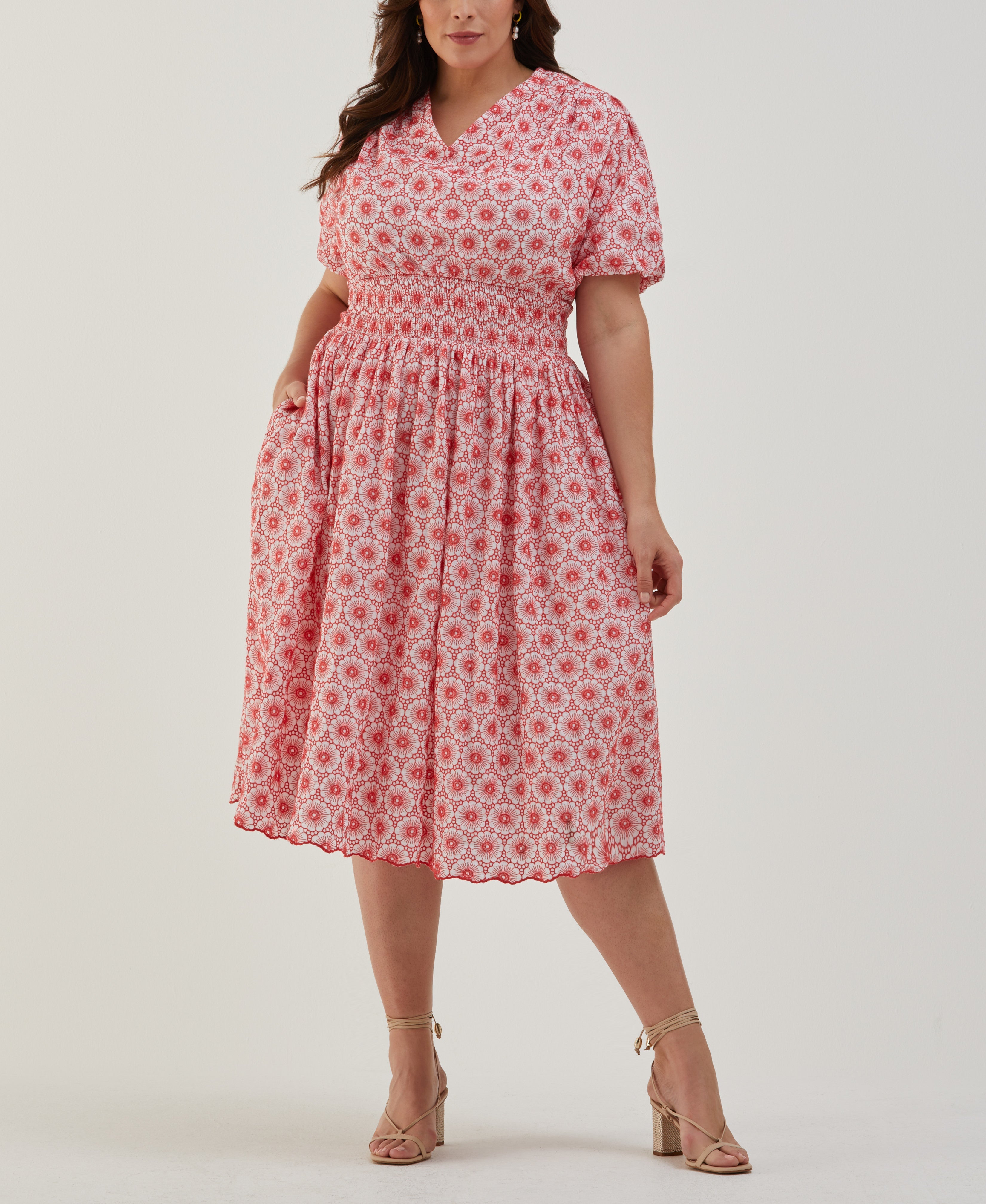 Plus Size Daisy Embroidered Smocked Puff Sleeve Dress - Floral Summer Midi Dress for Women, Boho Chic Casual & Wedding Guest Outfit