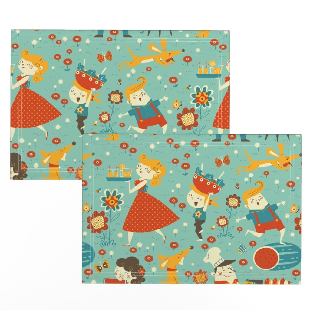 Vintage Mid Century BBQ Grill Print Linen Cotton Canvas Placemats Set of 2 - Retro 1950s Style Table Mats for Summer Dining, Outdoor Picnics & Backyard Barbecues