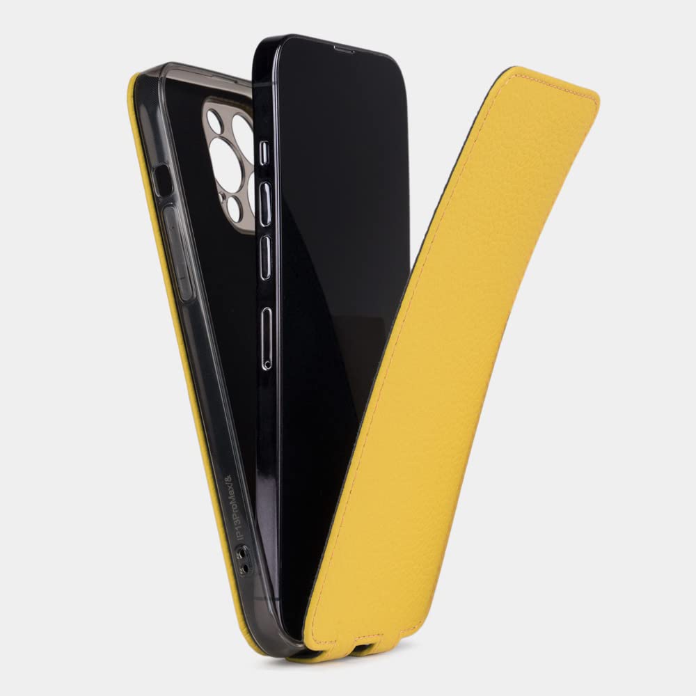 Premium Handmade French Natural Leather Folio Case for iPhone 13 Pro Max - Patented Luxury Design - Yellow - Perfect for Business & Everyday Protection
