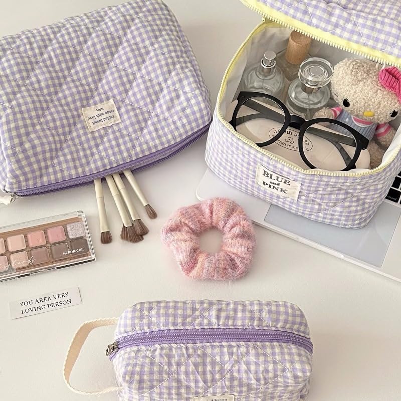 Quilted Floral Makeup Bag for Women - Large Cotton Cosmetic Organizer with Checkered Design, Travel Toiletry Bag for Girls & Women (Purple) - Perfect for Travel, Gym, and Everyday Use