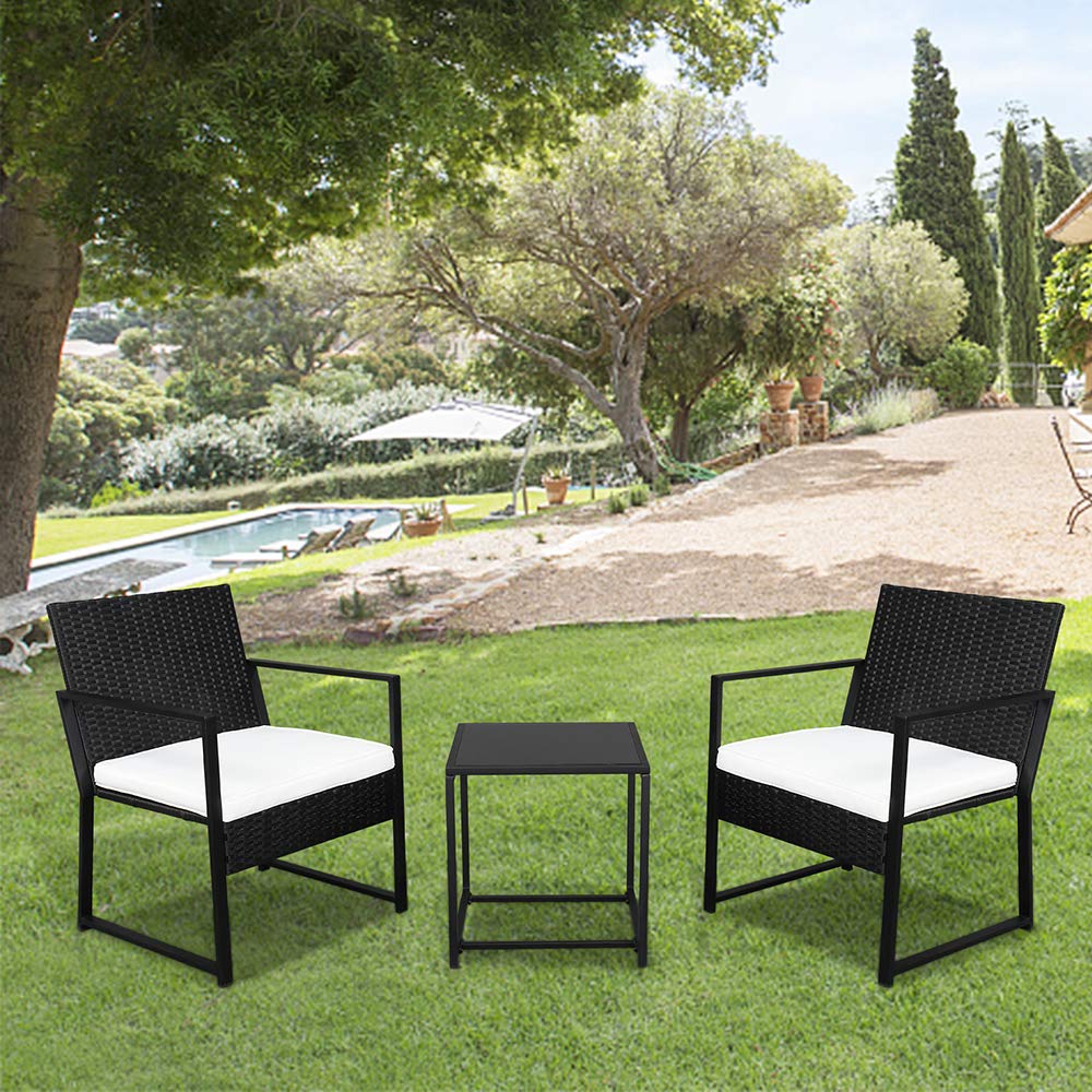 Modern 2-Piece Coffee Table & 1 Rattan Chair Bistro Set - Black Wicker Patio Furniture for Outdoor Garden, Balcony & Small Space Conversation Areas