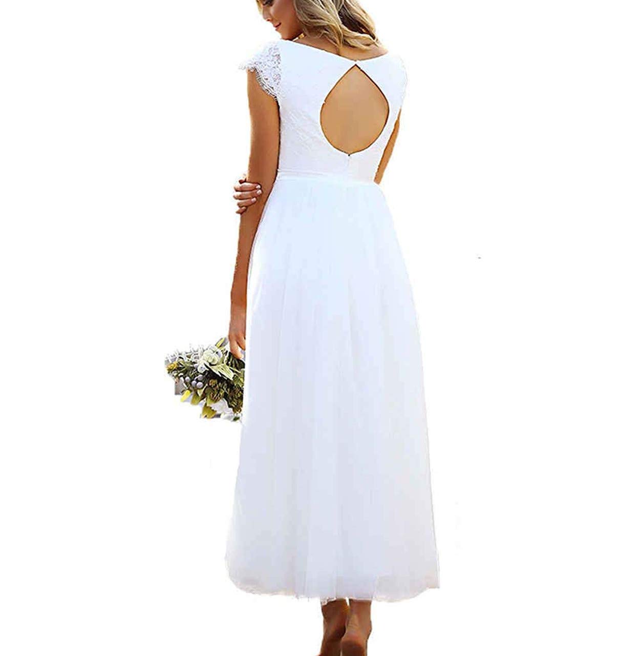 Lorderqueen Women's Cap Sleeve Lace Wedding Dress - Tea Length Bridal Gown for Bride, Church Ceremony, Garden Wedding & Beach Elopement
