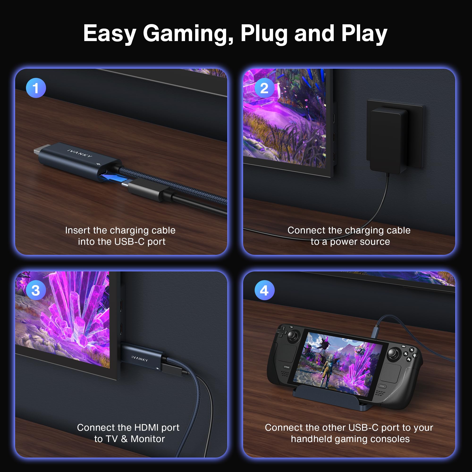 IVANKY 2-in-1 USB C to HDMI & 100W PD Charging Dock for Steam Deck OLED/ASUS ROG Ally X/MSI Claw - 4K@60Hz Nylon Braided Portable Travel Adapter for TV Screen Mirroring & Gaming (Midnight Blue) - Perfect for Home Entertainment & Mobile Gaming Setups