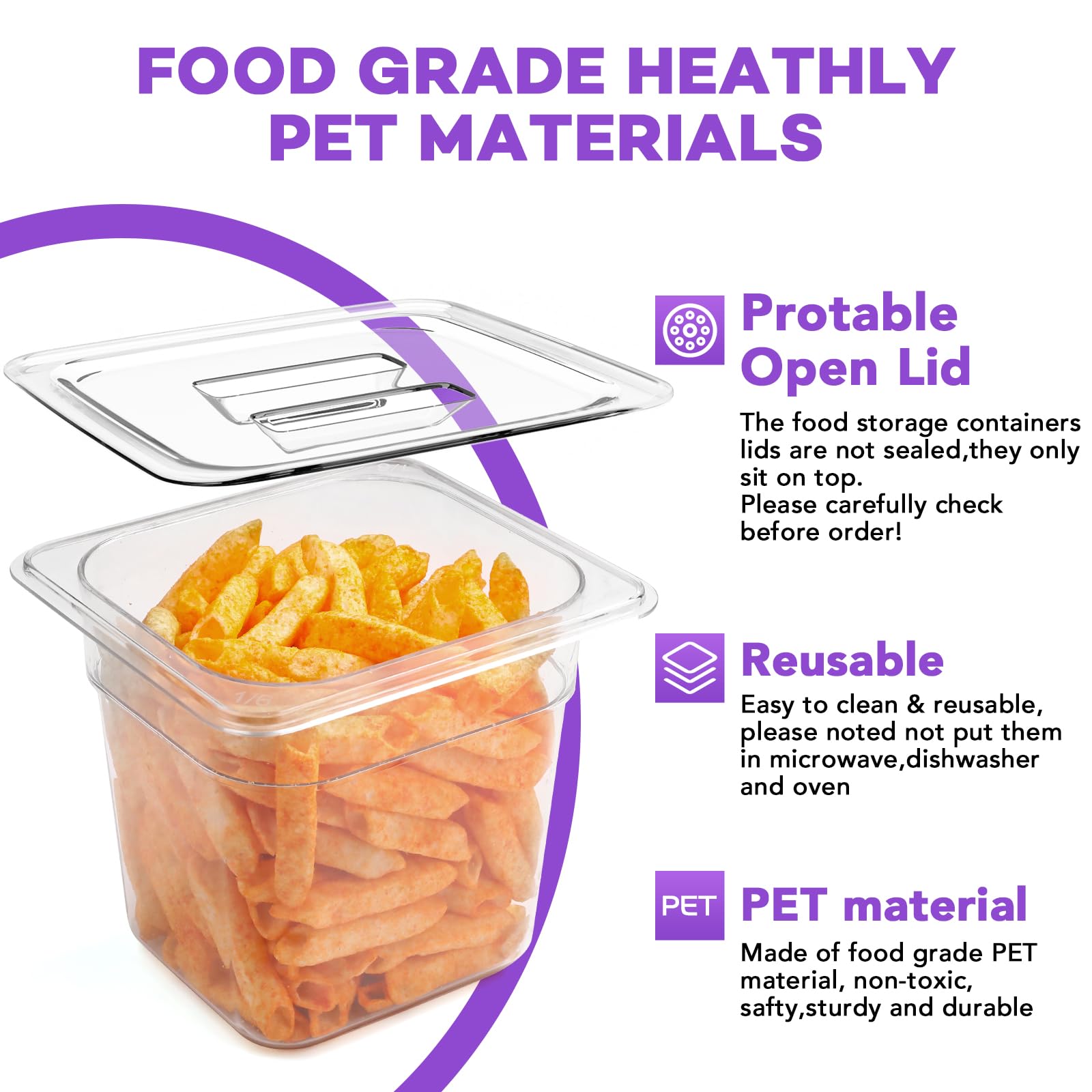 VOISEN 6-Pack 1/3 Size Food Storage Containers with Lids - Clear Polycarbonate for Fridge, Salad, Fruits & Vegetables