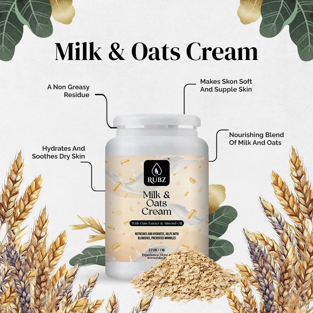 Rubz Milk & Oats Cream with Vitamin E & Argan Oil - Deep Moisturizing Body Lotion for Men, 1kg | Instant Glow & Skin Nourishment | Best for Dry Skin Care & Daily Hydration | Perfect for Post-Shave & Nighttime Skincare Routine