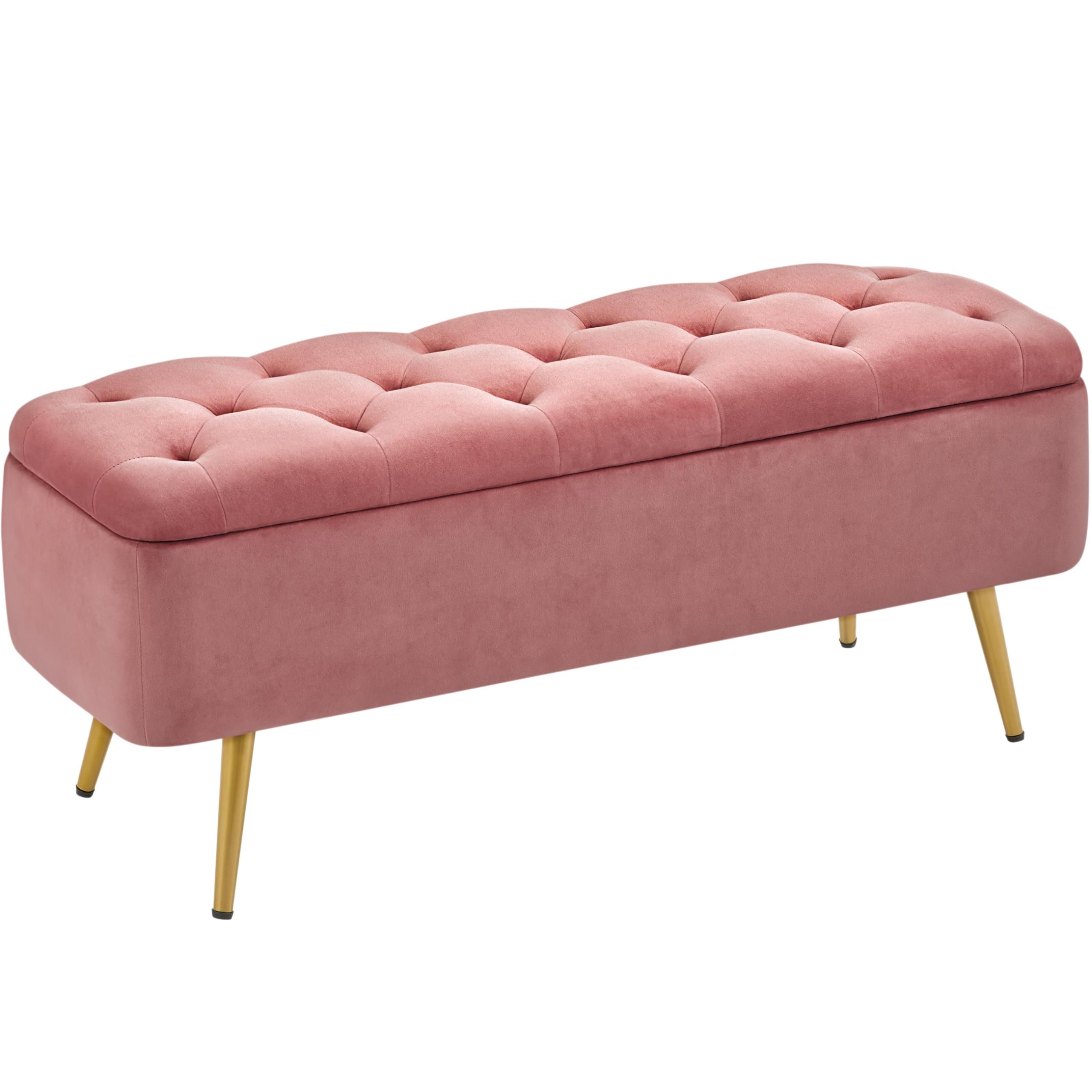 Yaheetech 42 Inch Foldable Velvet Storage Ottoman Bench with Removable Cushion - Pink Footrest Stool for Living Room, Bedroom, Entryway | Perfect for Extra Seating, Storage & Home Decor