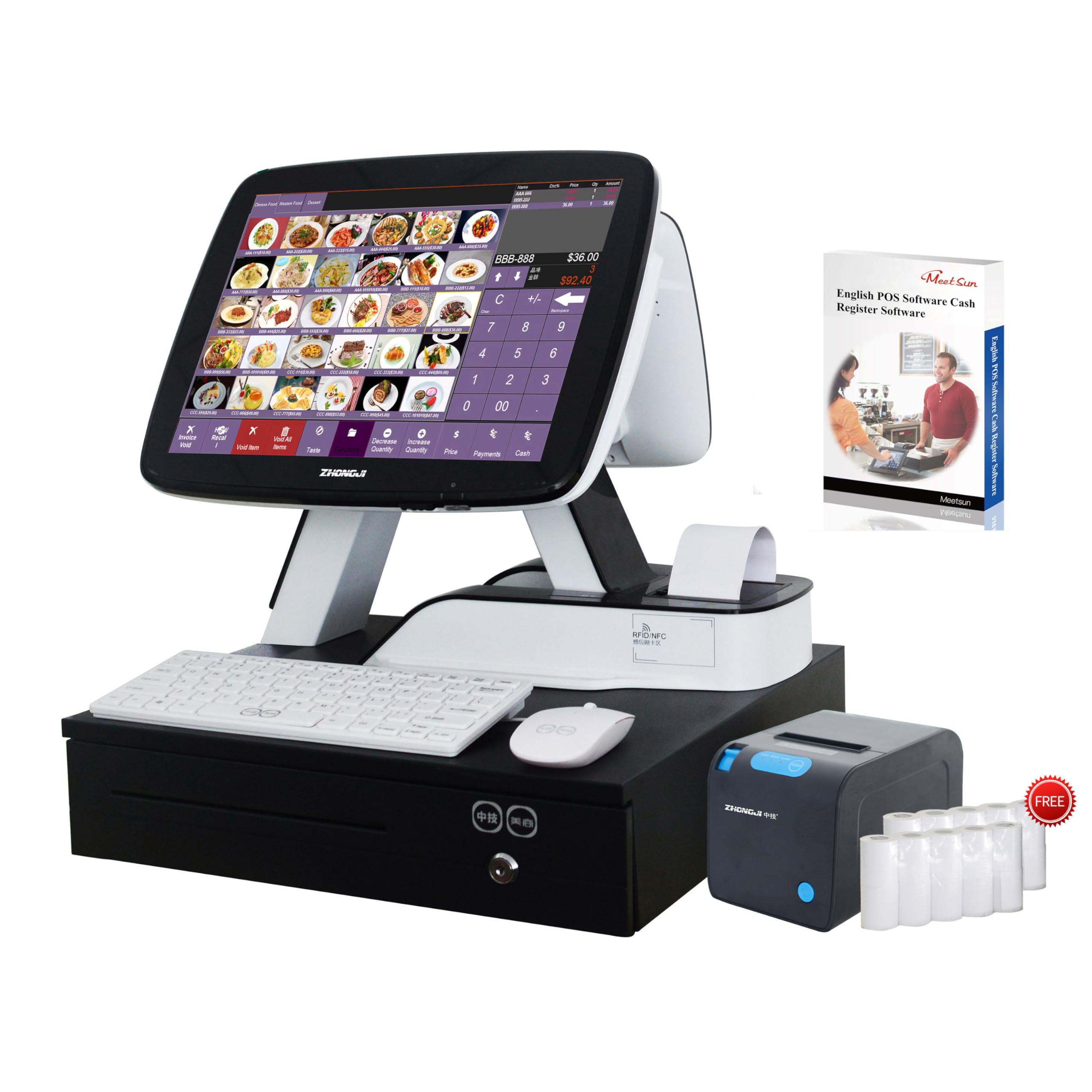 MEETSUN 15'' Touch Screen POS System with Built-in 2 1/4'' Thermal Receipt Printer - Windows PC Cash Register for Restaurants, Retail & Small Businesses | Fast Checkout, Inventory Management & Sales Reporting