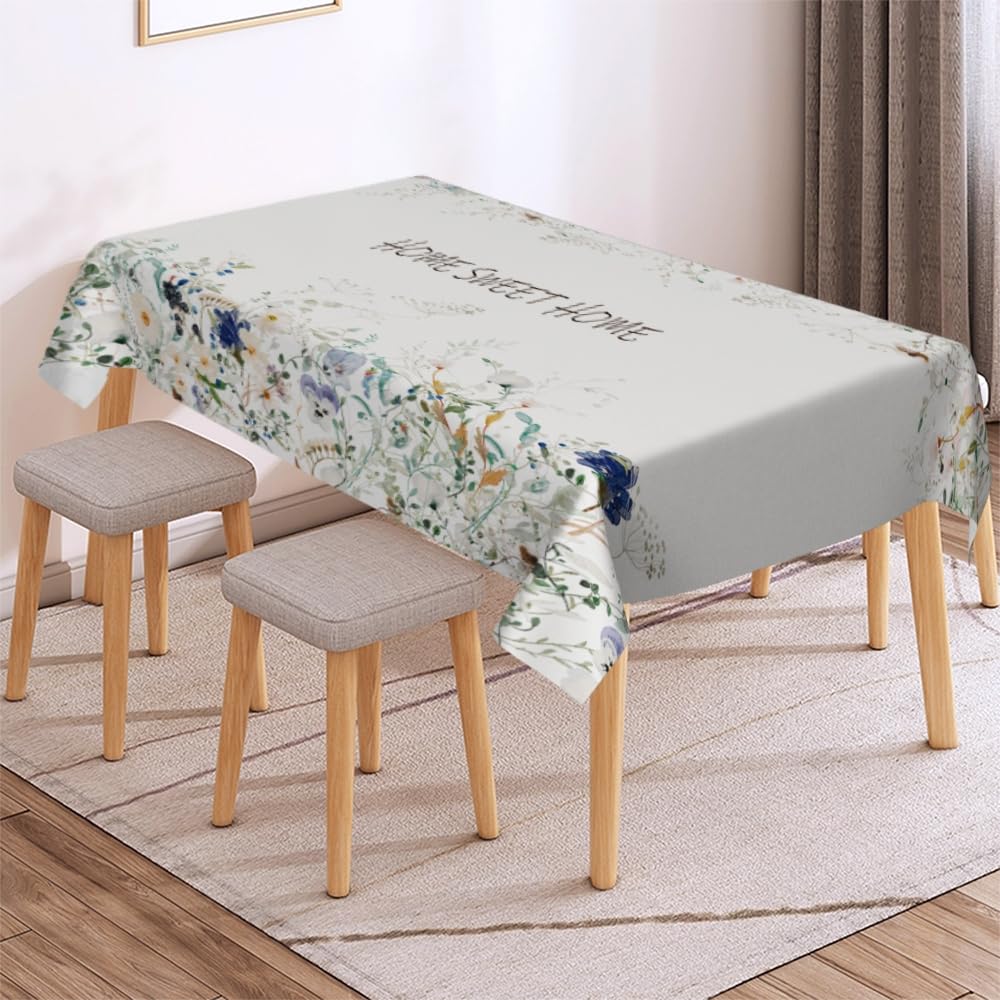 Sweet Home Floral Tablecloth 60x90 Inches Rectangle - Waterproof & Stain Resistant Spring Summer Table Cover with Blue Pink Flowers for Dining, Party Decorations & Outdoor Picnics