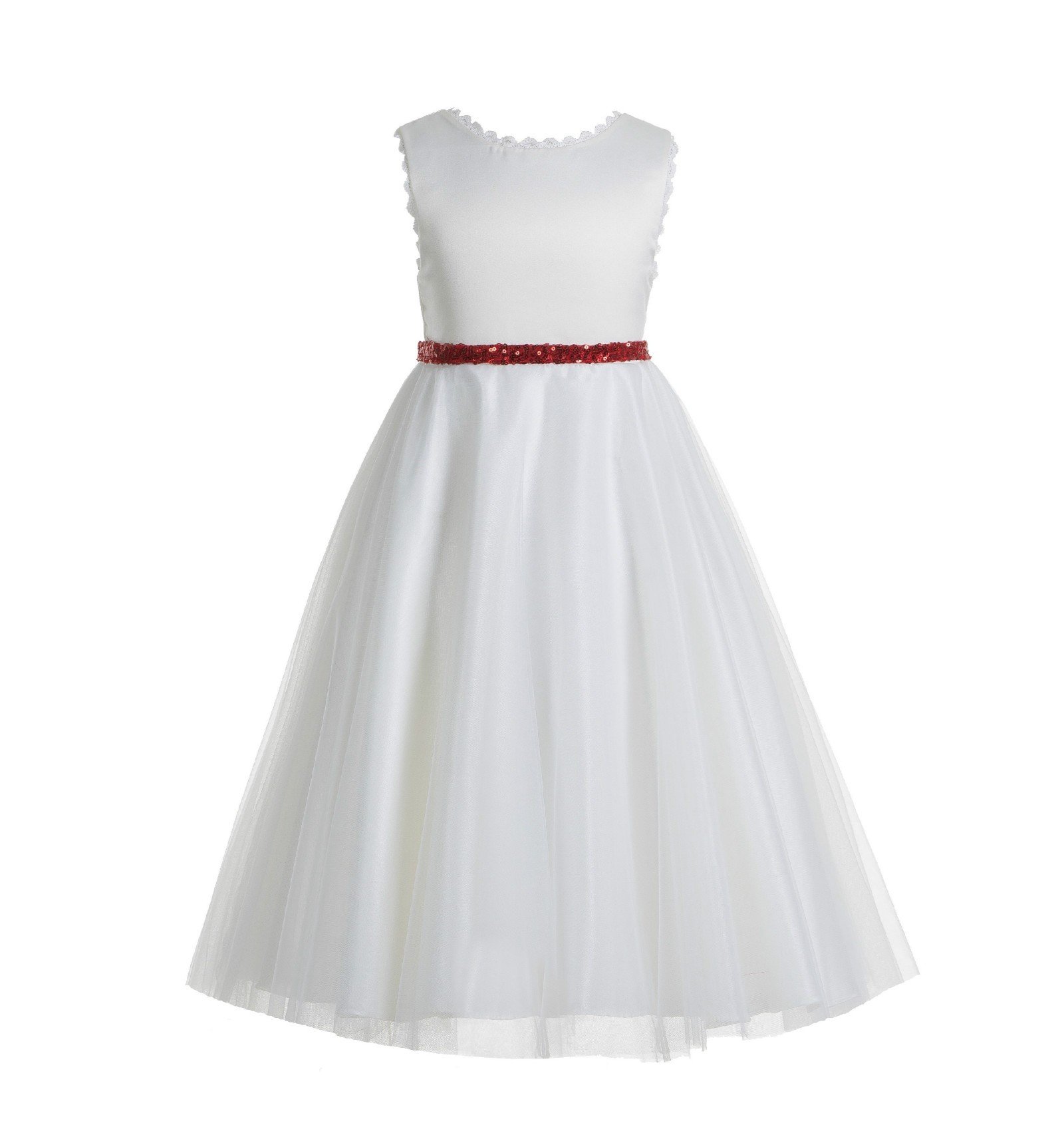 Elegant V-Back Lace Edge White Flower Girl Dress for Communion & Baptism - Junior Bridesmaid Dress for Weddings, Church Ceremonies & Special Occasions