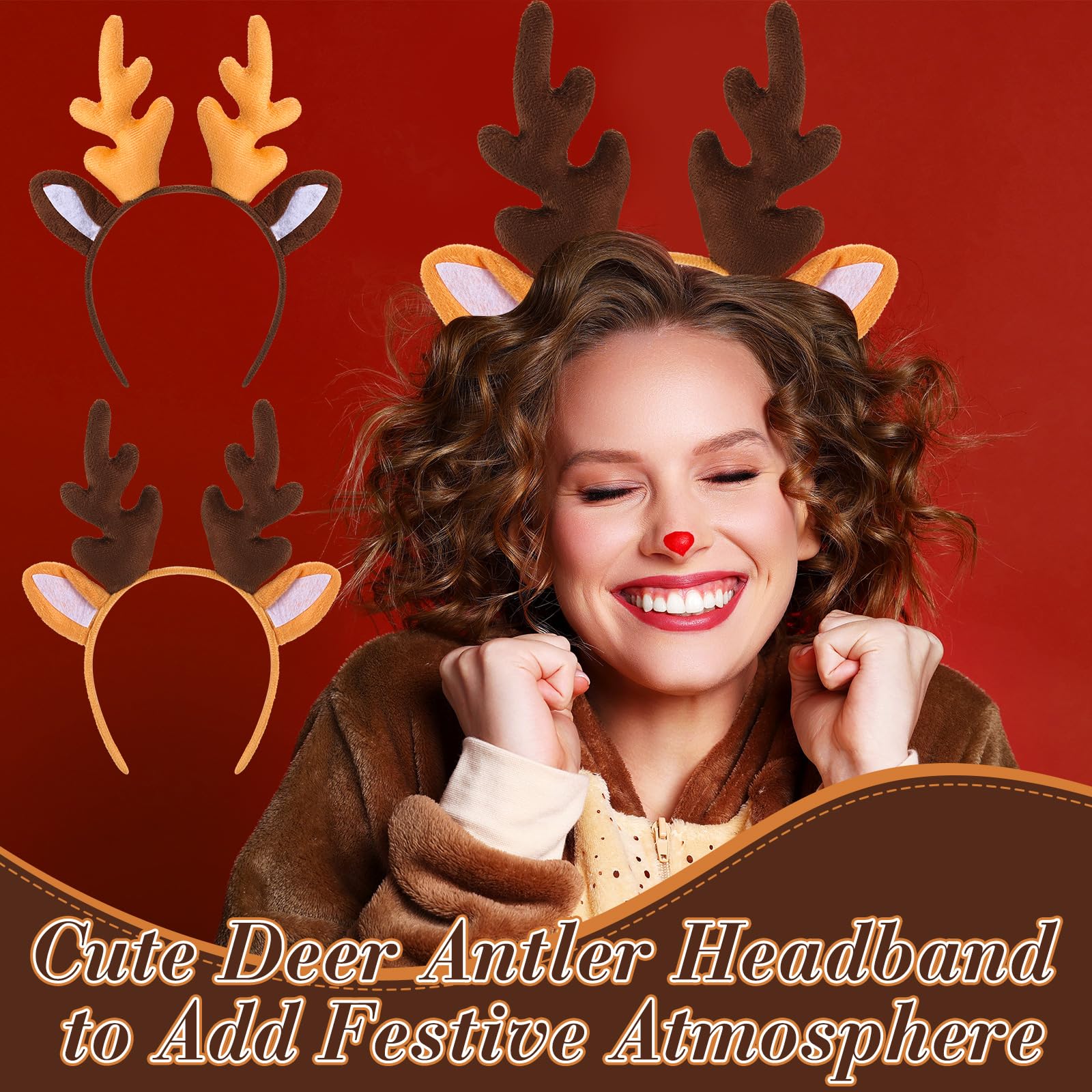 Bememo 2-Pack Christmas Reindeer Antler Headbands for Women - Festive Holiday Party Hair Accessories for Christmas Costumes, Photo Props & Ugly Sweater Parties