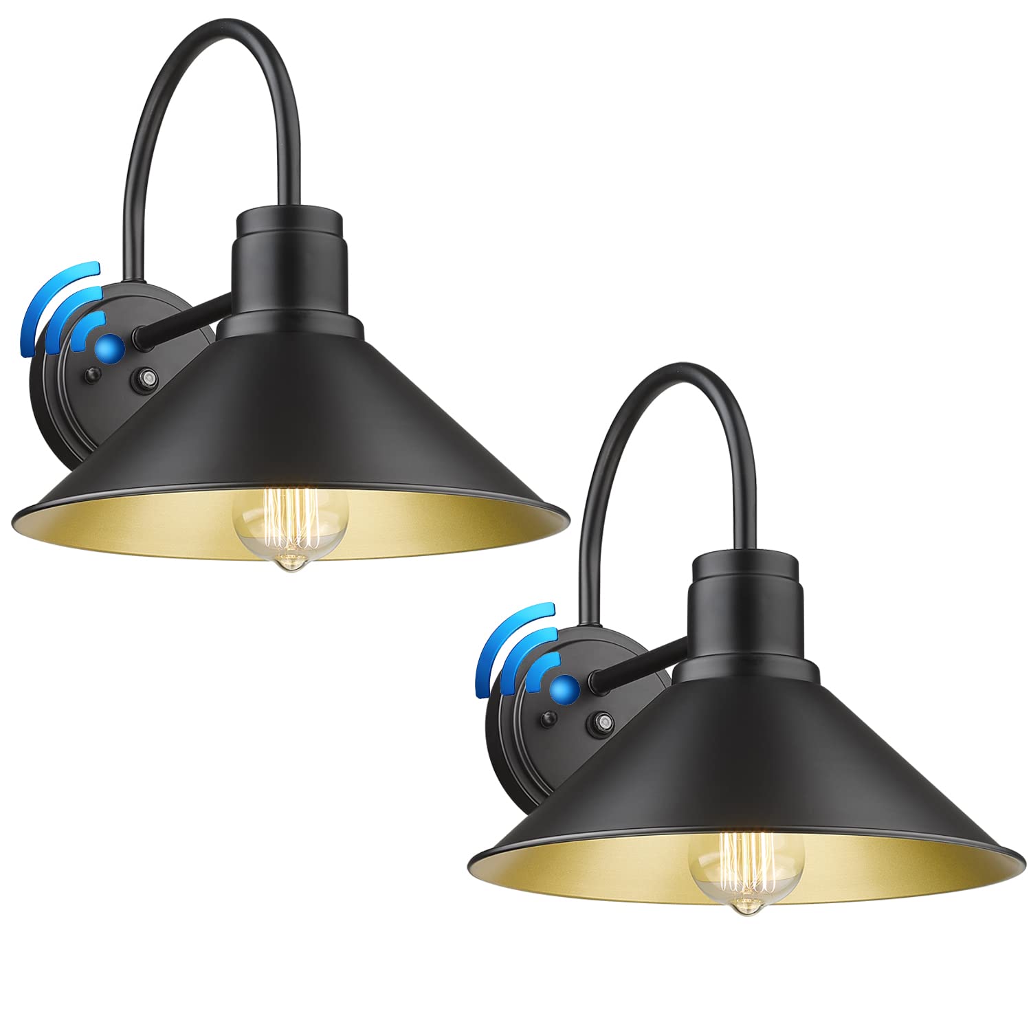 Treekee Dusk to Dawn Outdoor Lighting - 2 Pack Black Industrial Farmhouse Gooseneck Wall Sconce Lantern for Porch, Garage & Entryway | Weatherproof Exterior Light Fixture with Automatic Sensor