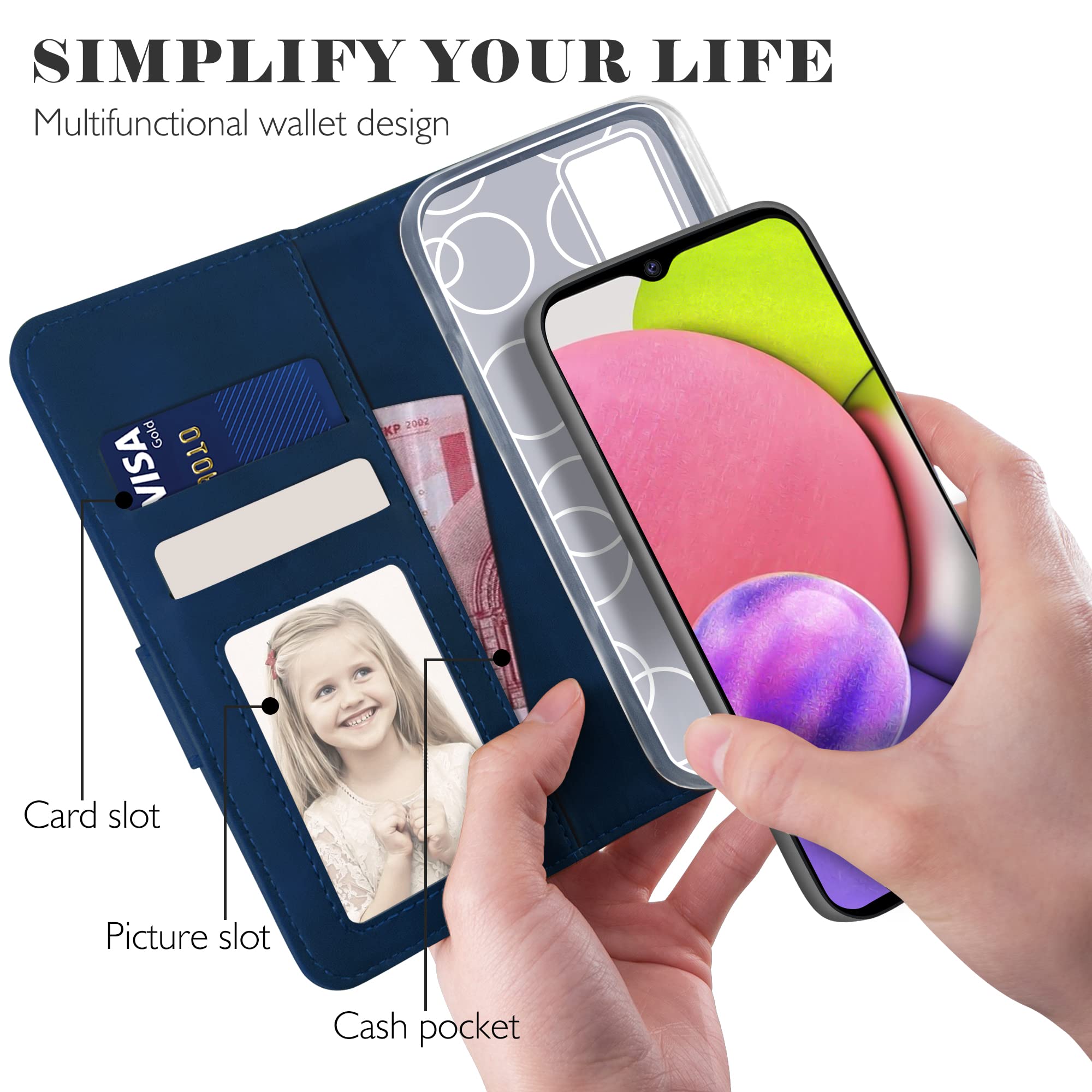 YATWIN Samsung Galaxy A03s Wallet Case - Premium Flip Leather Magnetic Clasp Phone Cover with Credit Card Holder, Shockproof Protection & Kickstand (Blue) - Perfect for Everyday Use, Travel, and Business Professionals