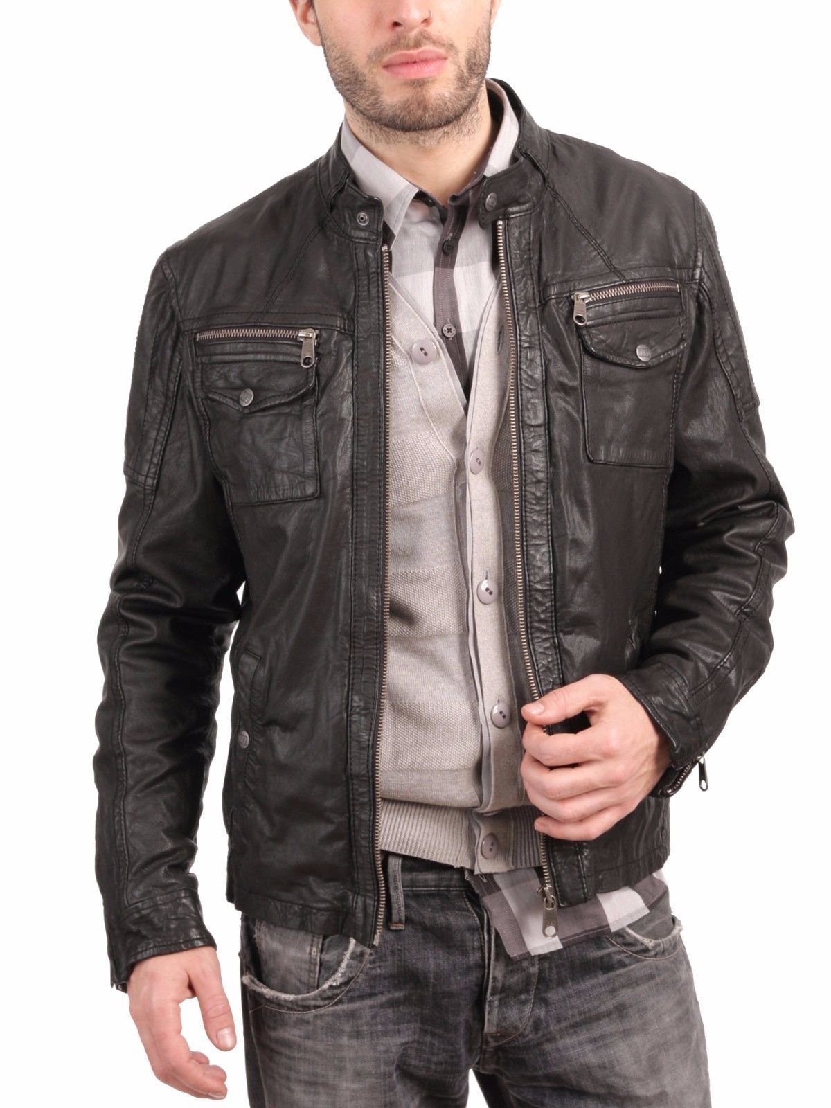 **Men's Distressed Leather Motorcycle Jacket - Stylish Biker Bomber Jacket with Zipper for Riding & Casual Wear - Black Outerwear**