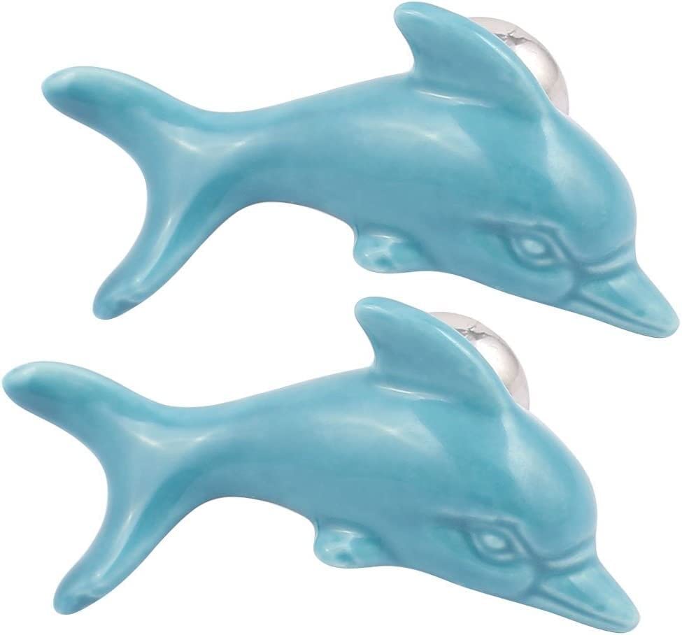 Dolphin Shaped Ceramic Cabinet Handles - Blue Drawer & Wardrobe Door Pulls (2 Pack) - Perfect for Kitchen, Bathroom & Bedroom Furniture Upgrades