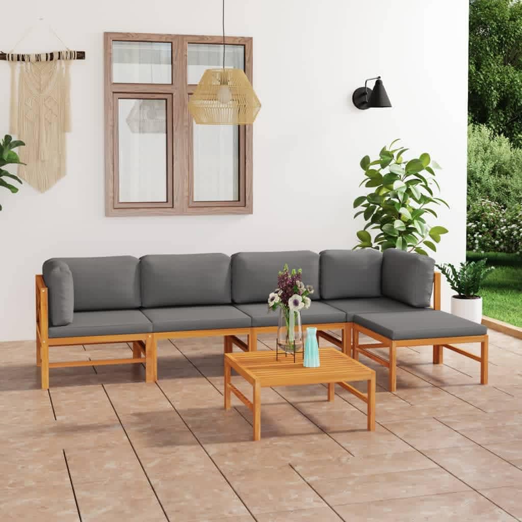 vidaXL 7-Piece Patio Lounge Set - Outdoor Sectional Sofa with Gray Cushions, Retro Style Teak Wood Furniture for Backyard, Garden & Poolside Relaxation