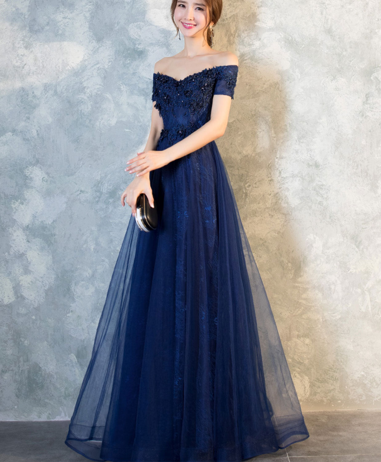 Elegant Blue Lace Off-Shoulder Long Prom Dress for Women - Formal Evening Gown for Homecoming, Wedding, Party & Special Occasions
