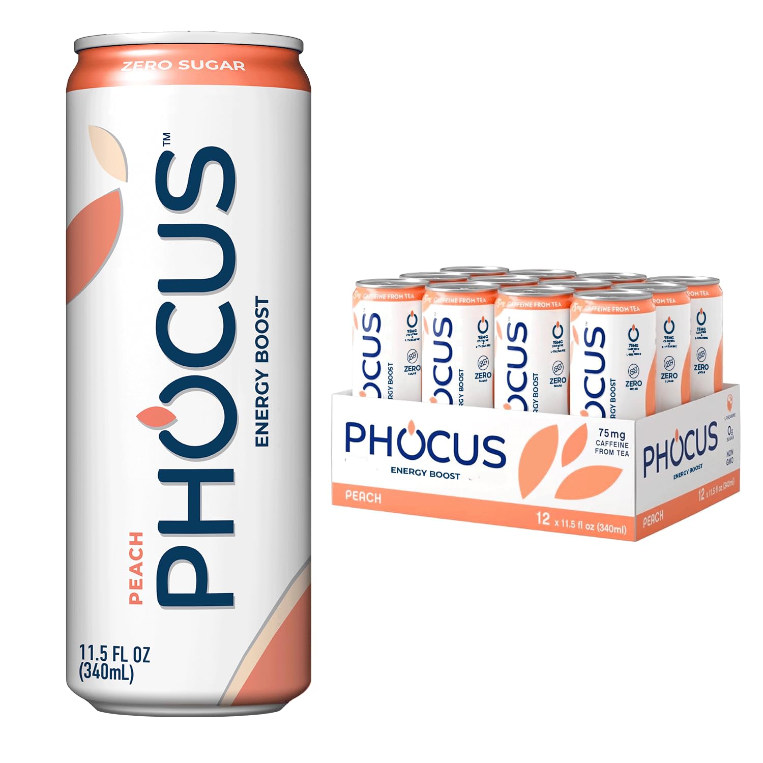 PHOCUS Peach Sparkling Water Energy Drink - 75mg Natural Caffeine with L-Theanine, Zero Sugar & Calories, No Artificial Sweeteners, 11.5oz Cans (12 Pack) | Refreshing Hydration for Workouts, Office Focus & Healthy Energy Boost