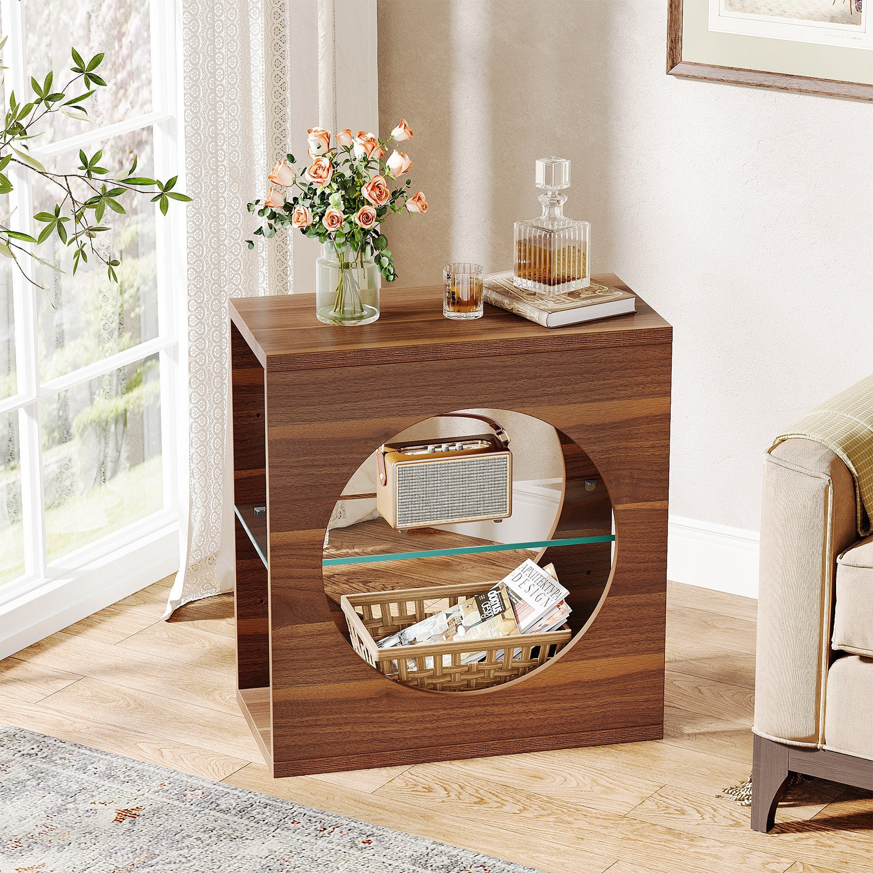 Modern 3-Tier End Table with Adjustable Glass Storage Shelf - Stylish Side Table for Living Room, Bedroom & Office Organization