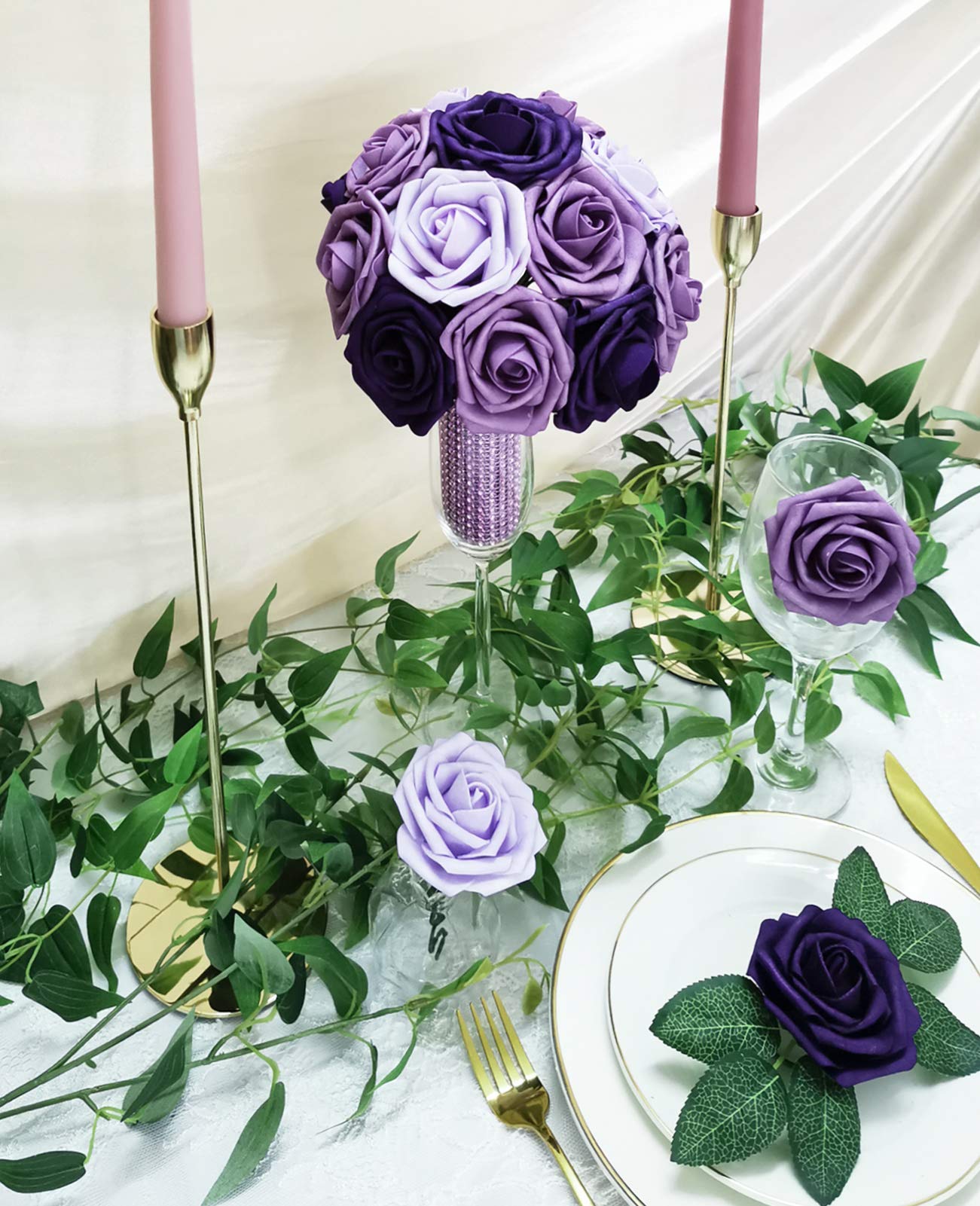 25PCS Realistic Purple Ombre Fake Roses for Wedding Bouquets & Home Decor