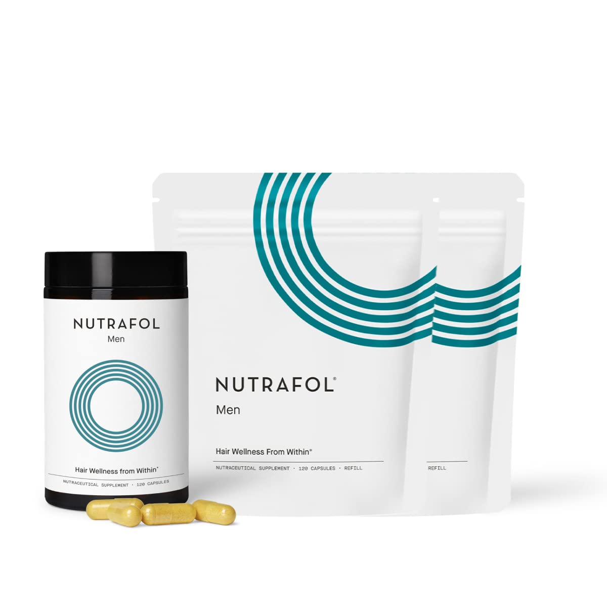 Nutrafol Men Hair Growth Supplement - Clinically Proven for Thicker Hair & Scalp Coverage (1 Bottle + 2 Refill Pouches) | Natural DHT Blocker for Hair Loss Prevention | Perfect for Men with Thinning Hair & Receding Hairline | Daily Hair Care Routine & Styling Support