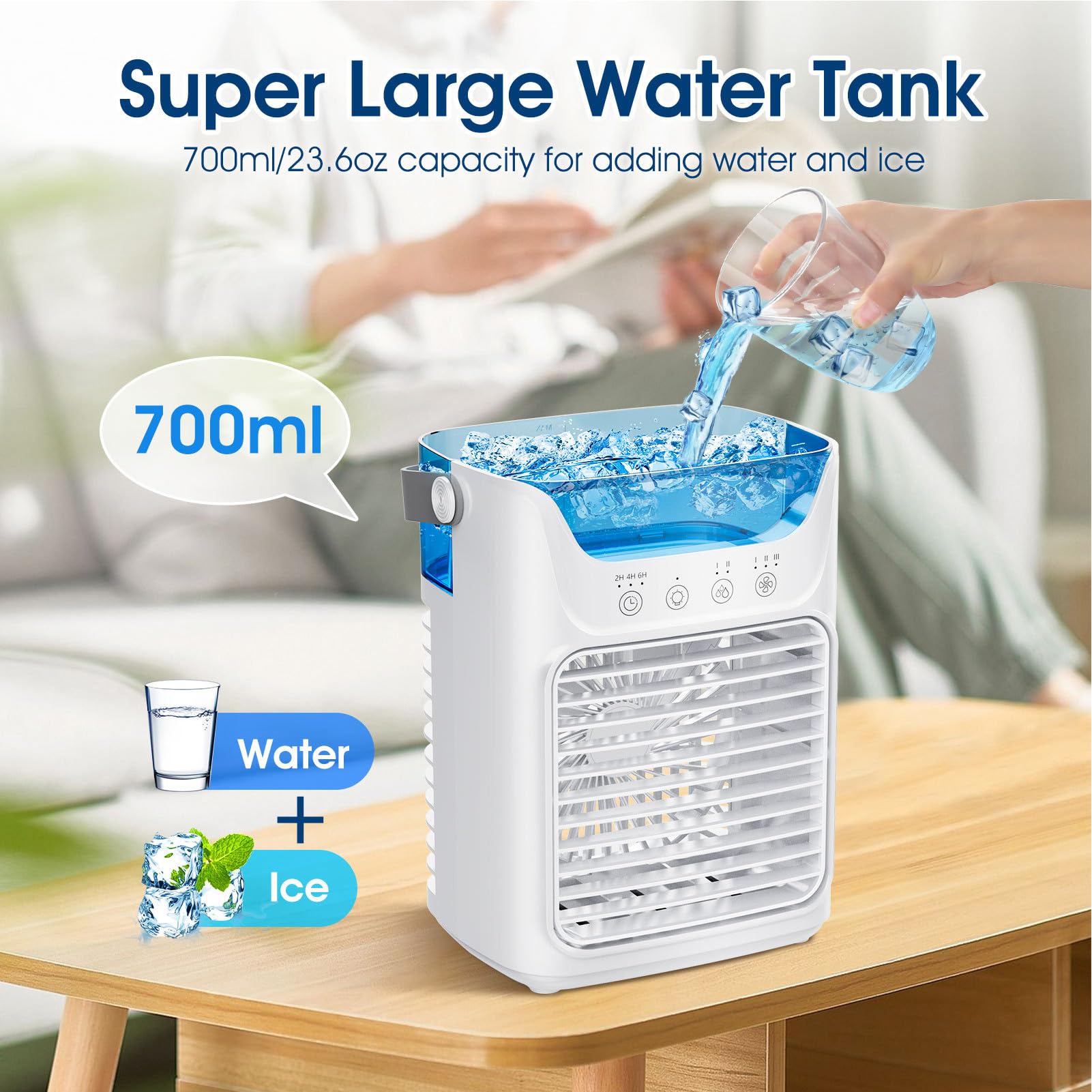 4-in-1 Portable Air Conditioner Fan with 700ML Evaporative Cooling, Touchscreen Control, 3 Speeds & Humidifier - 7 Color LED Lights, 2-6 Hour Timer - Perfect for Bedroom, Office, and Small Spaces Cooling