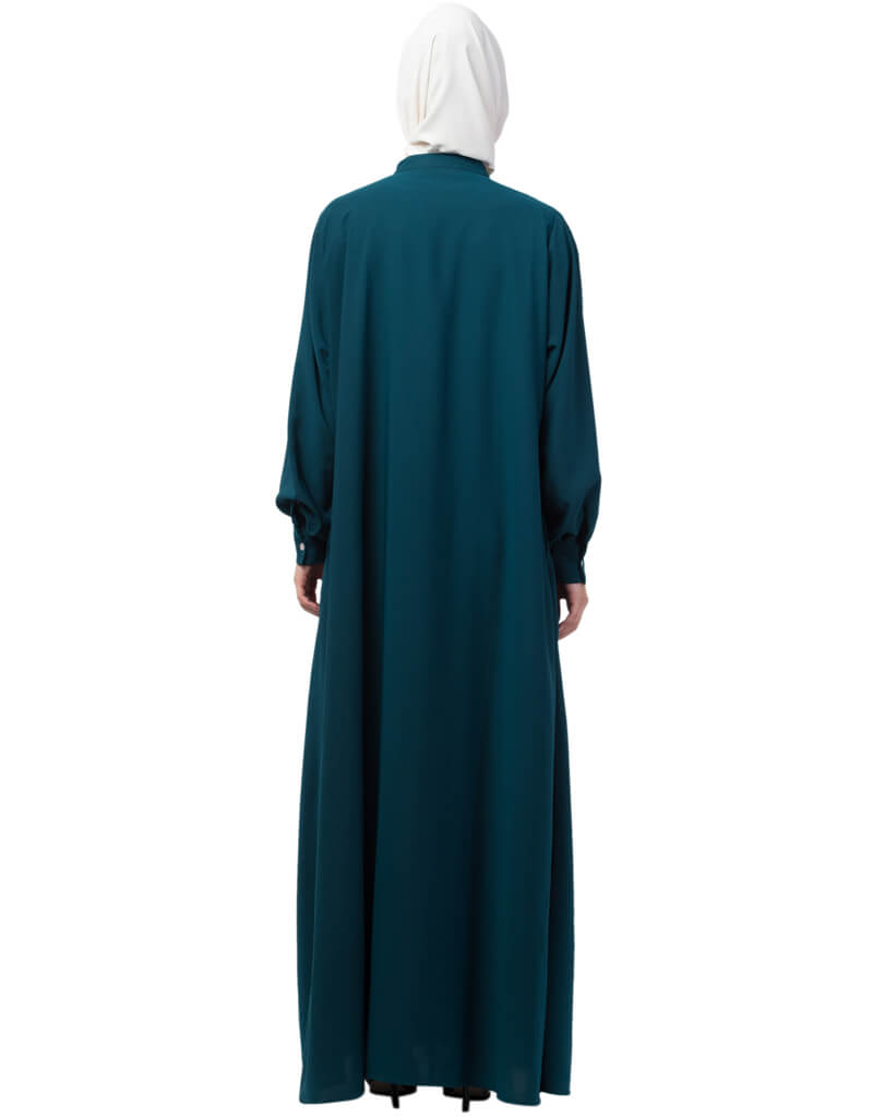 Elegant Teal Arabic Front Open Side Embroidered Contrast Button Abaya Dress for Women - Perfect for Eid, Weddings & Special Occasions