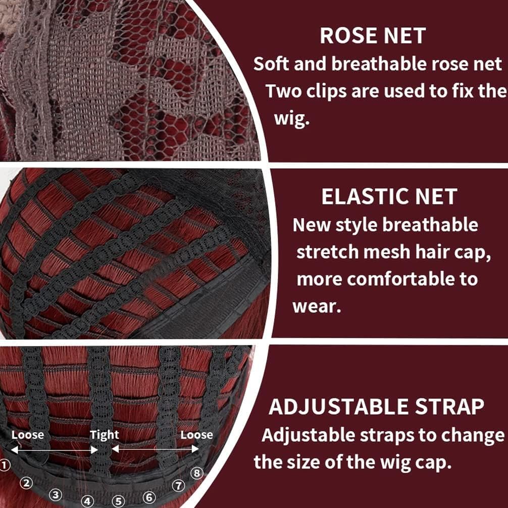 RightOn Long Straight Red Wig with Bangs - Wine Red Full Machine-Made Synthetic Wig for Cosplay, Halloween, Parties & Daily Wear | Heat Resistant & Natural Look
