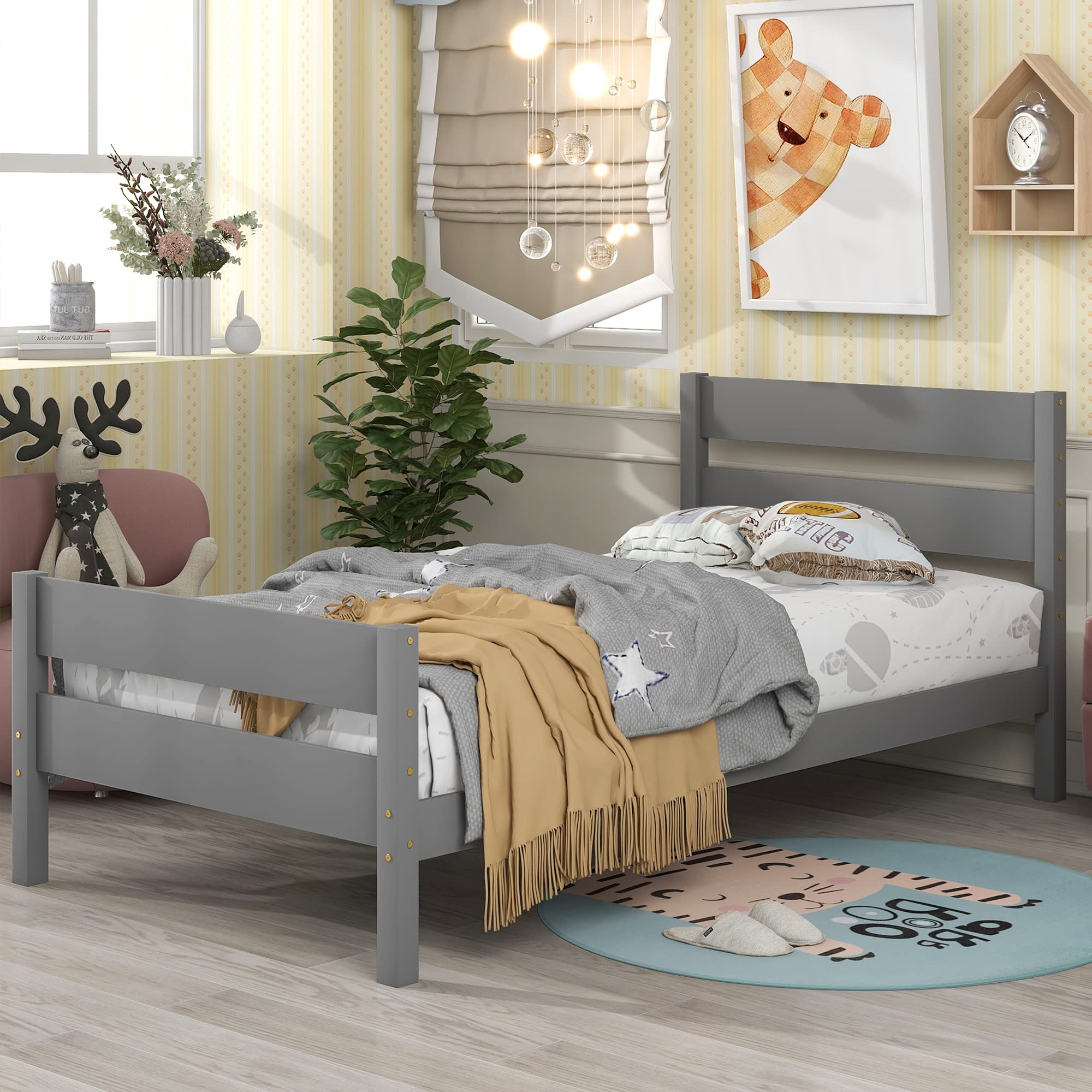 Merax Solid Wood Twin Bed Frame with Headboard & Footboard, Sturdy Slat Support Platform Bed for Kids & Teens - No Box Spring Needed (Twin Size, Grey) - Perfect for Small Bedrooms, Guest Rooms & Dormitories