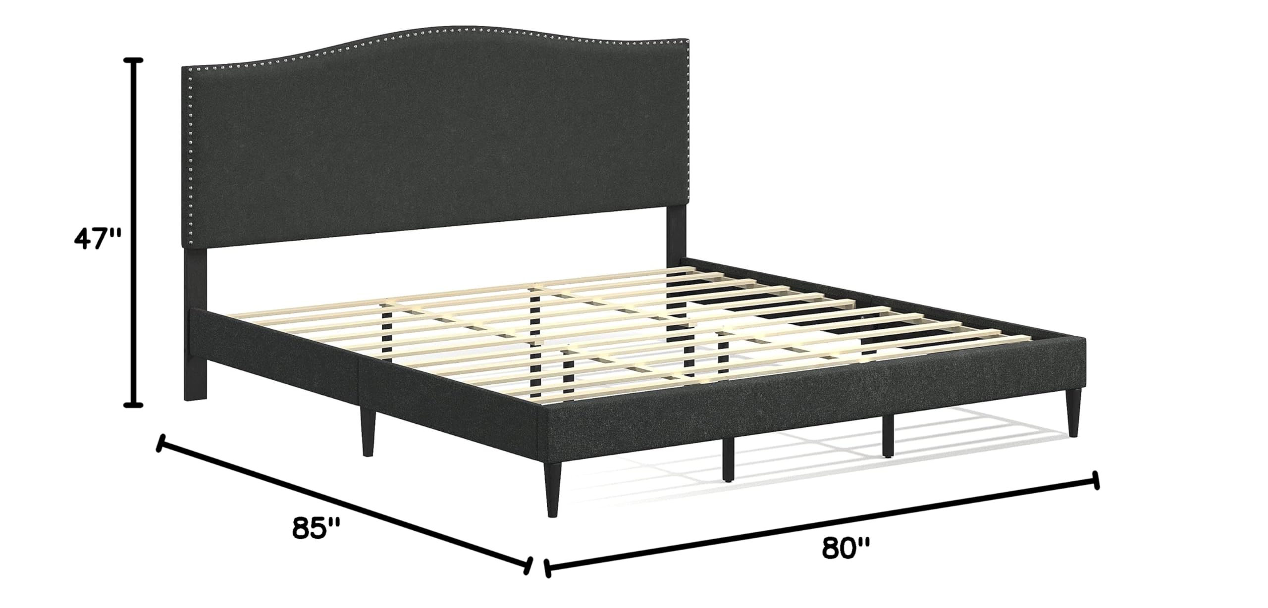 Glenwillow Home Kameli Upholstered King Size Bed Frame - Upholstered Platform Bed with Wood Slat Support, Nailhead Trim & Camelback Design - No Box Spring Needed, Easy Assembly, Gray - Perfect for Master Bedrooms & Guest Rooms