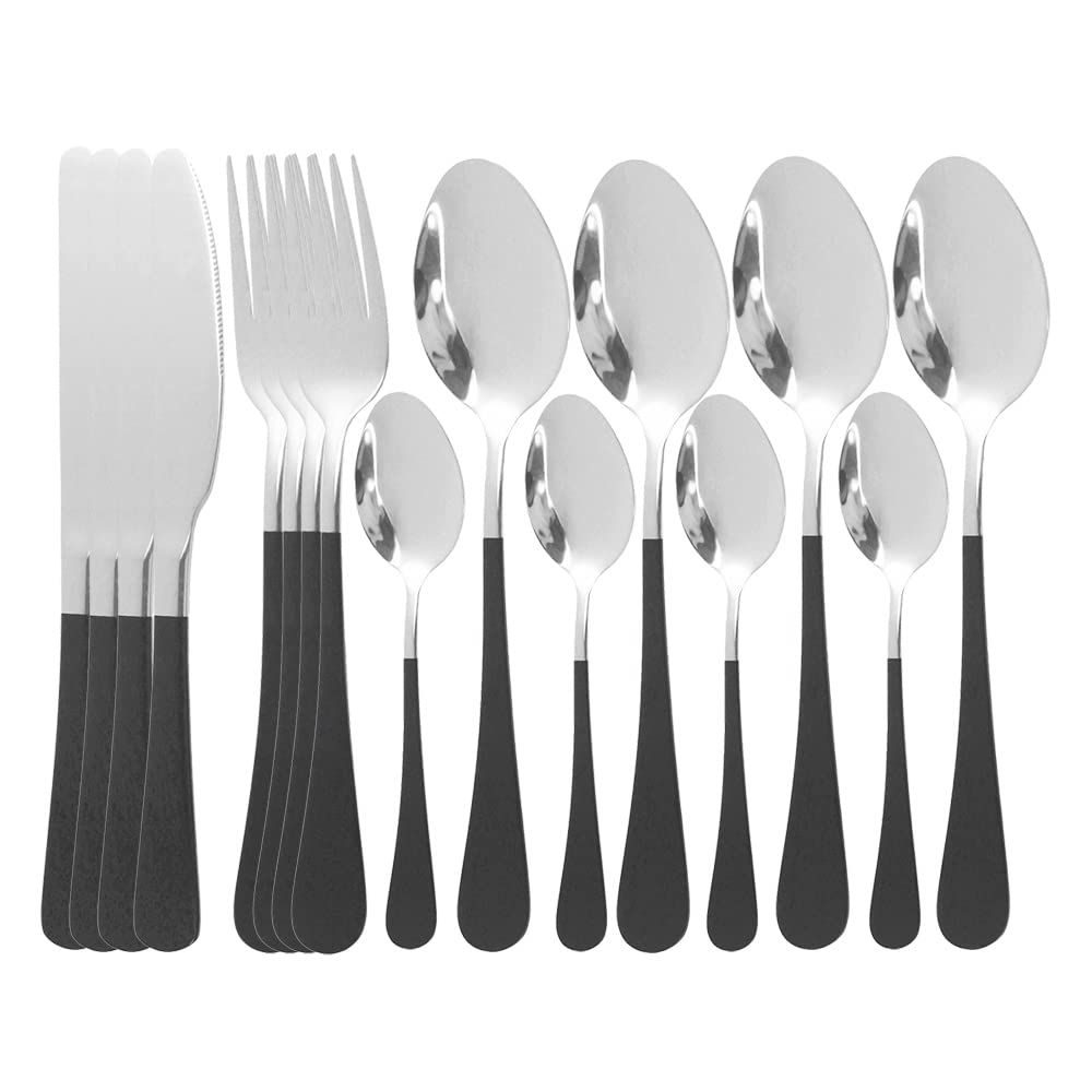 16-Piece Stainless Steel Flatware Set - Black & Silver Silverware for Dining - Includes Forks, Spoons, Knives - Elegant Dinnerware for Restaurants, Home Kitchen & Dinner Parties