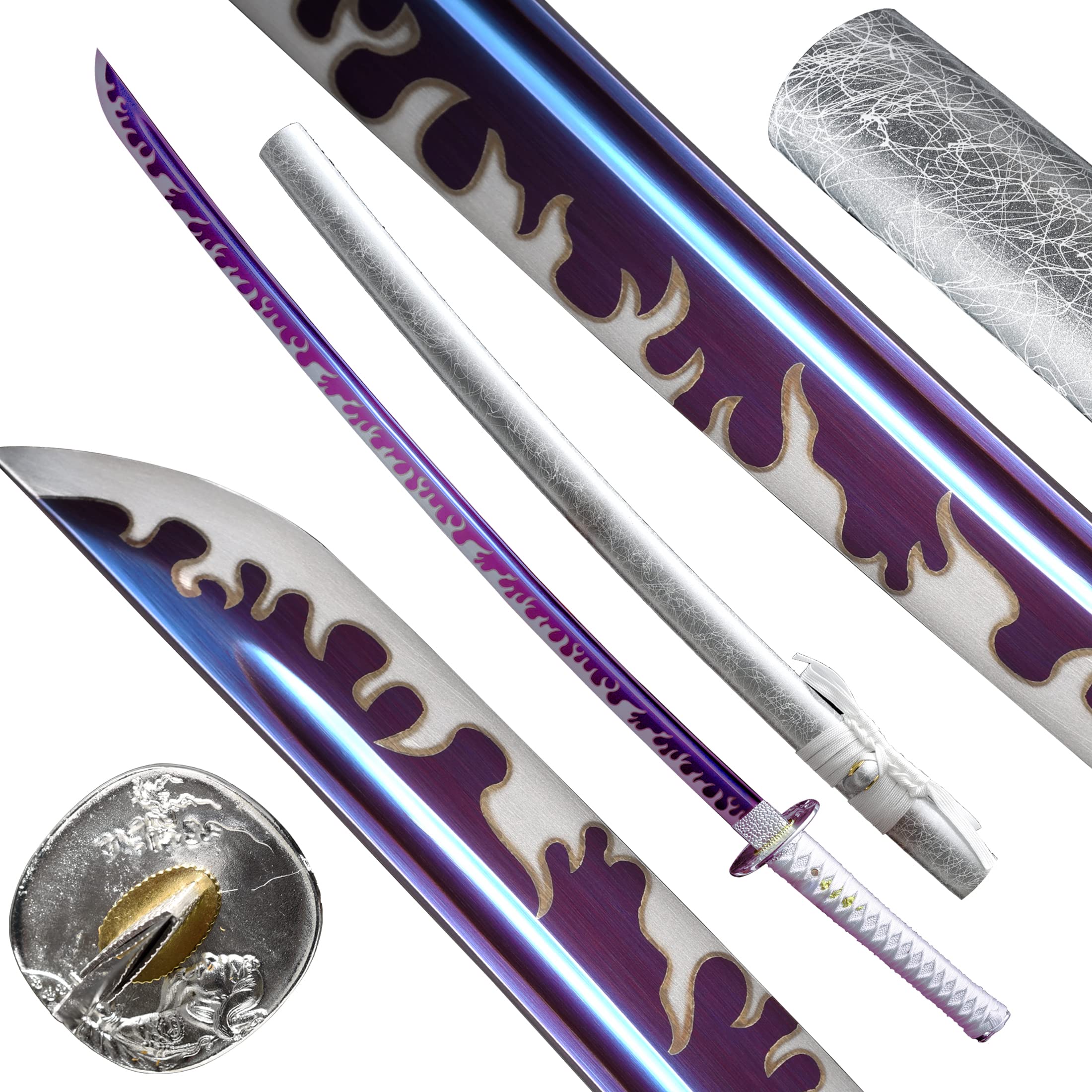 Authentic Full Tang Katana Sword - Hand Forged Manganese Steel Samurai Sword with Purple Scabbard | Japanese Martial Arts, Cosplay, and Collectible Display
