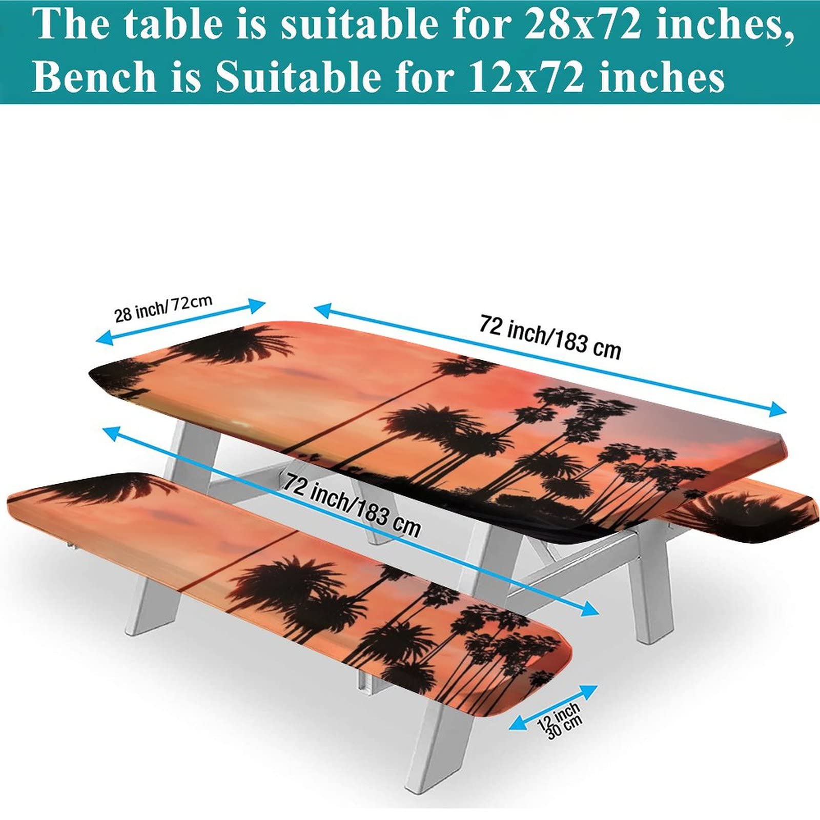 Tropical Sunset Coconut Palm Picnic Table Cover with Bench Covers - 3-Piece Waterproof Outdoor Camping Set (72x28 Inches) for Beach Parties, Backyard BBQs & Indoor Holiday Gatherings