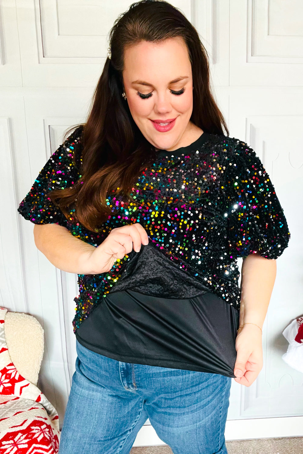 Black Velvet Multicolor Sequin Puff Sleeve Top for Women | Holiday Party & Christmas Outfit | Perfect for Festive Gatherings, NYE Celebrations & Special Occasions