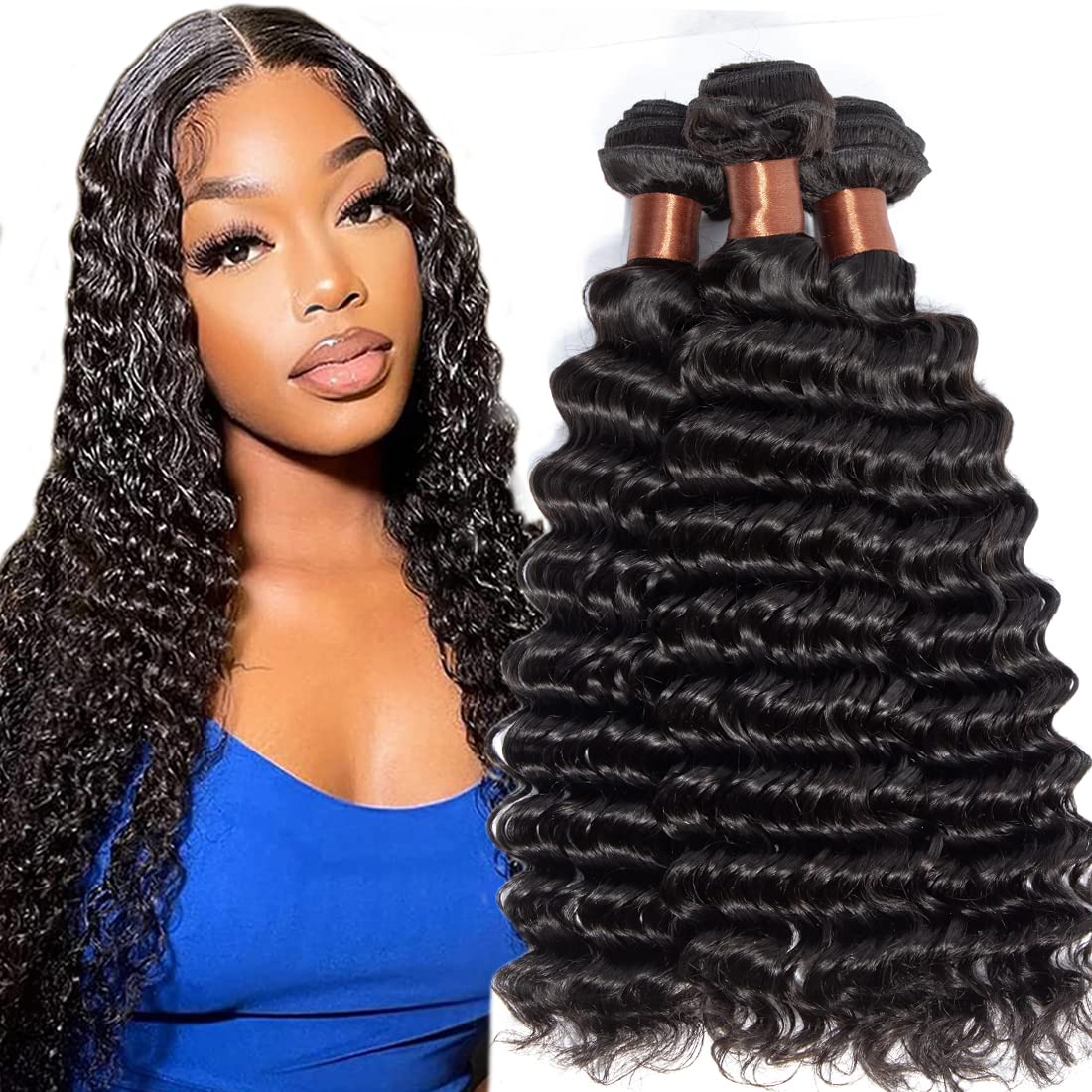 Brazilian Virgin Human Hair Extensions 3 Bundles Deep Wave 22 24 26 Inch - Unprocessed 100% Human Hair Weave Natural Black Color, Can Be Dyed & Bleached - Perfect for Salon Styling, Everyday Wear & Special Occasions