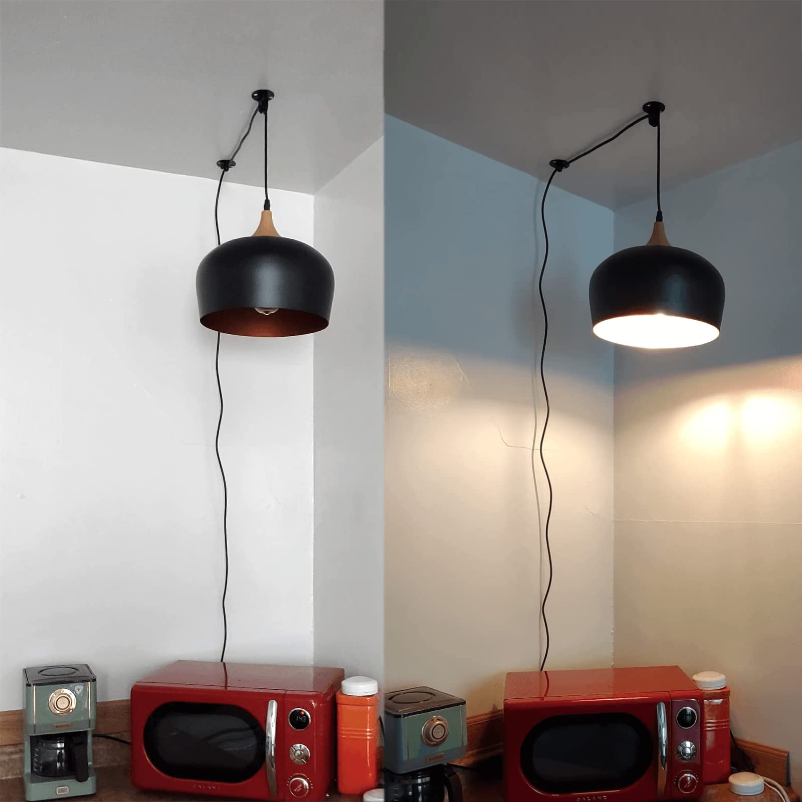 Modern Big Plug-in Pendant Light with 16.4ft Cord & On/Off Switch - Black Wood Grain Hanging Light Fixture for Kitchen Island, Dining Room, Table Lighting - Perfect for Farmhouse, Industrial & Contemporary Home Decor