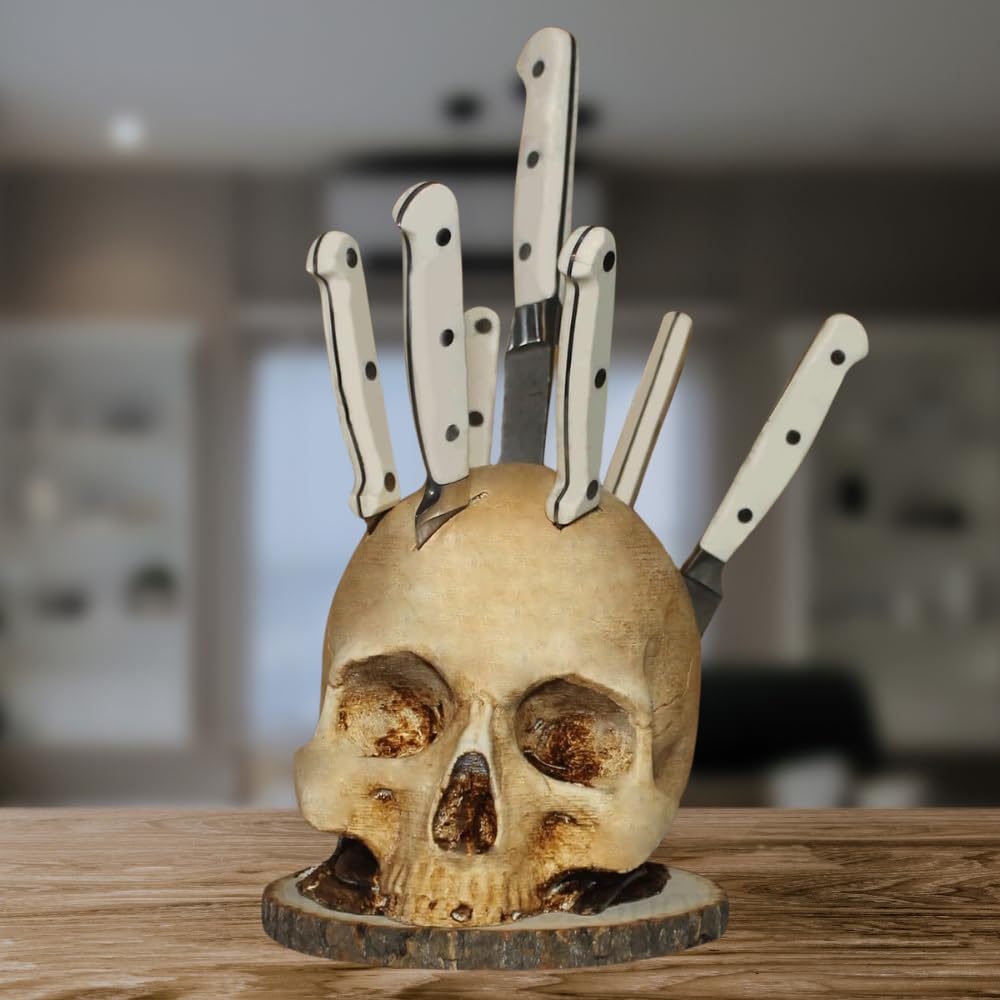 Horror-Themed Skull Knife Holder for Kitchen - Resin Halloween Knife Block with Skeleton Design | Perfect for Gothic Kitchen Decor, Halloween Party Display & Scary Fruit Storage Rack