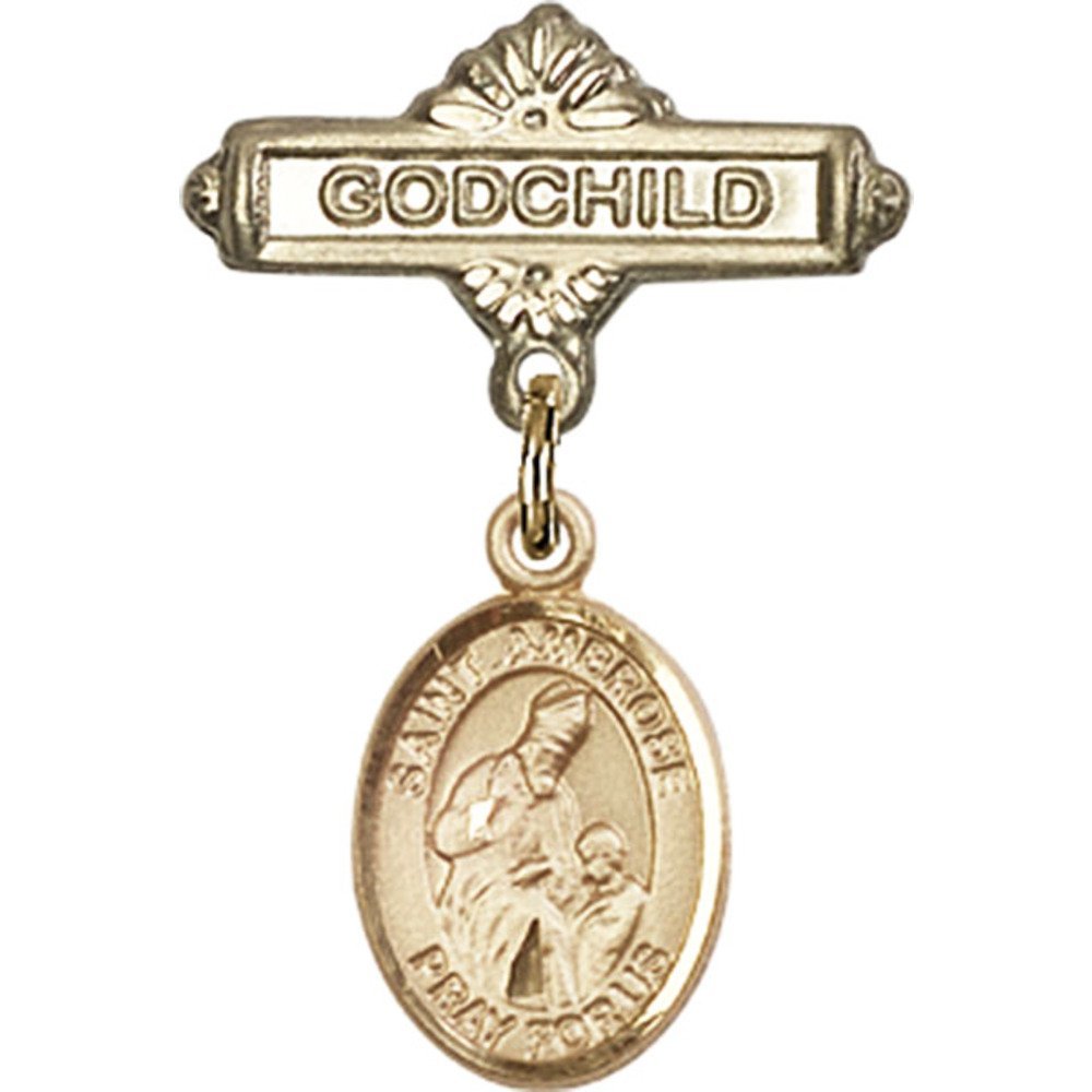 St. Ambrose Gold Filled Baby Badge Pin - 1 x 5/8 Inch Religious Godchild Charm - Perfect for Christenings, Baptisms & First Communion Gifts
