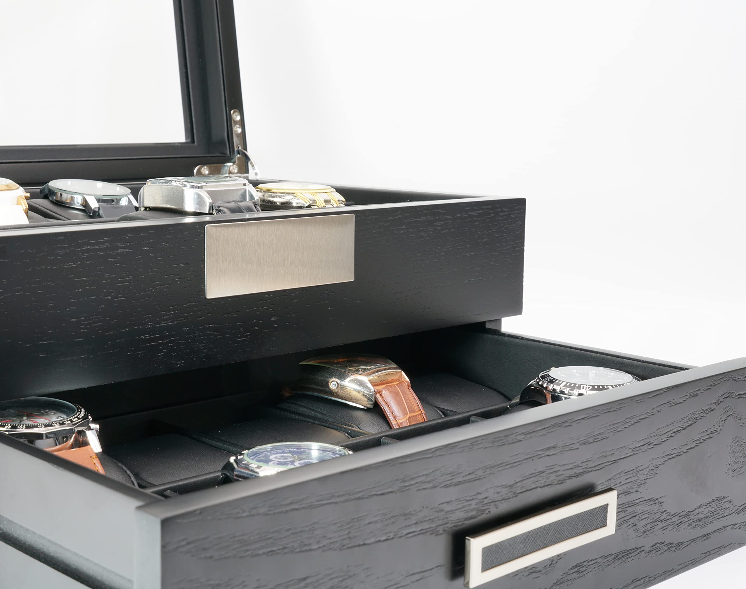 Premium 20-Slot Ebony Wood Watch Display Case with Glass Top - 2-Tier Jewelry Organizer with Stainless Steel Accents & 2 Drawers - Perfect for Watch Collectors, Jewelry Storage & Retail Store Displays