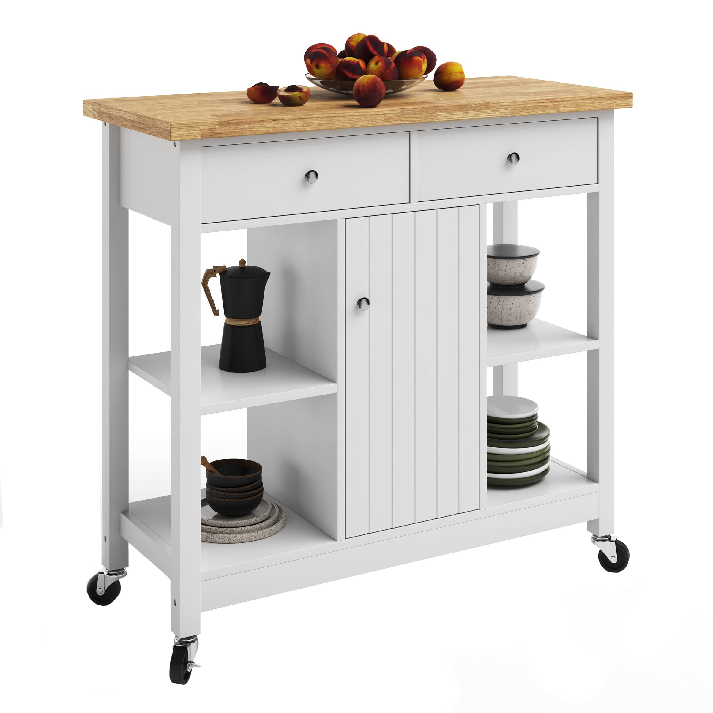 Premium White Kitchen Island with Drawers & Locking Wheels - Mobile Rolling Cart for Coffee Bar, Microwave Stand, Pantry Storage - Perfect for Small Kitchens, Apartments & Entertaining Guests