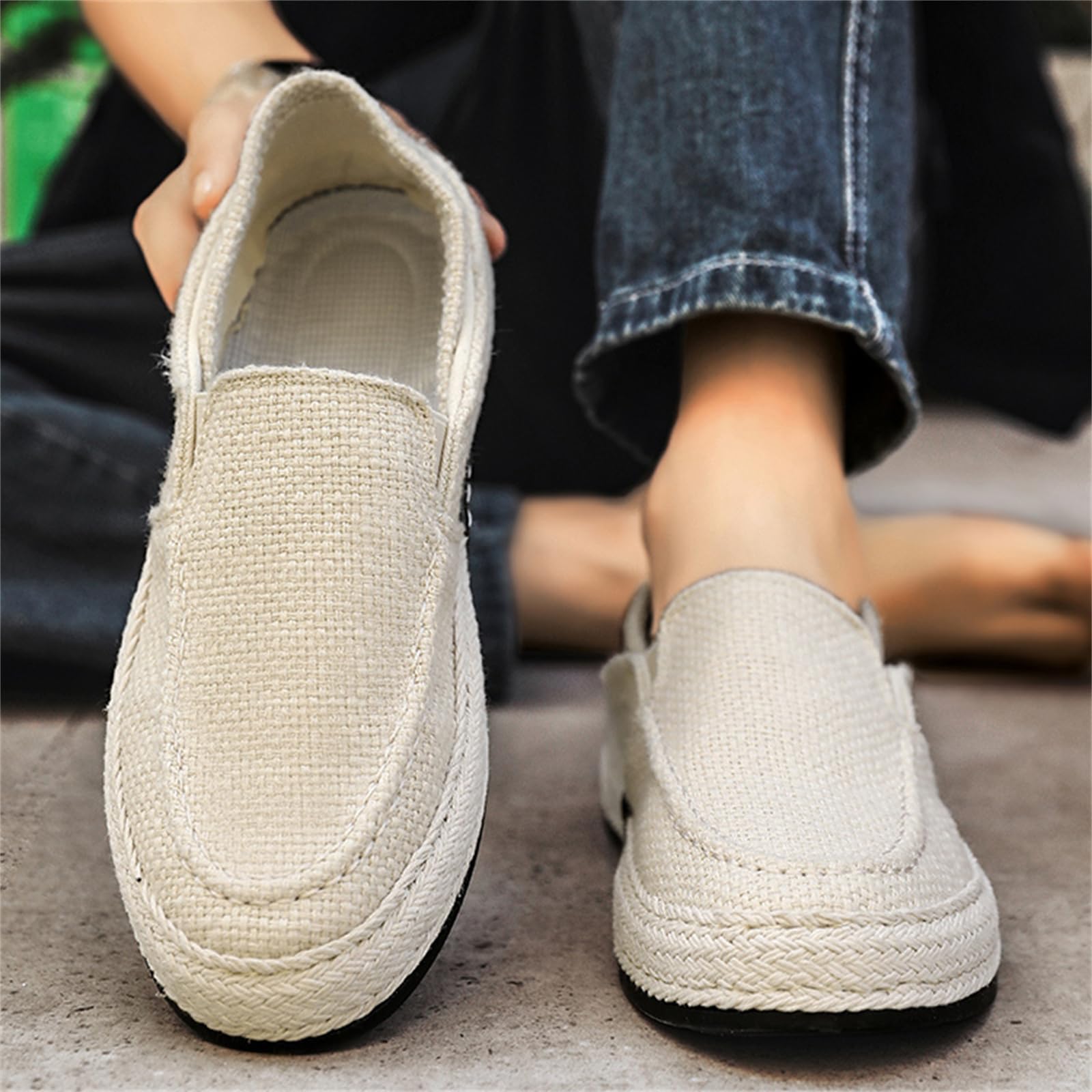 JiuQing Men's Slip-On Loafers - Breathable Linen Casual Shoes for Walking | Comfortable Summer Espadrilles | Perfect for Beach, Travel & Daily Wear