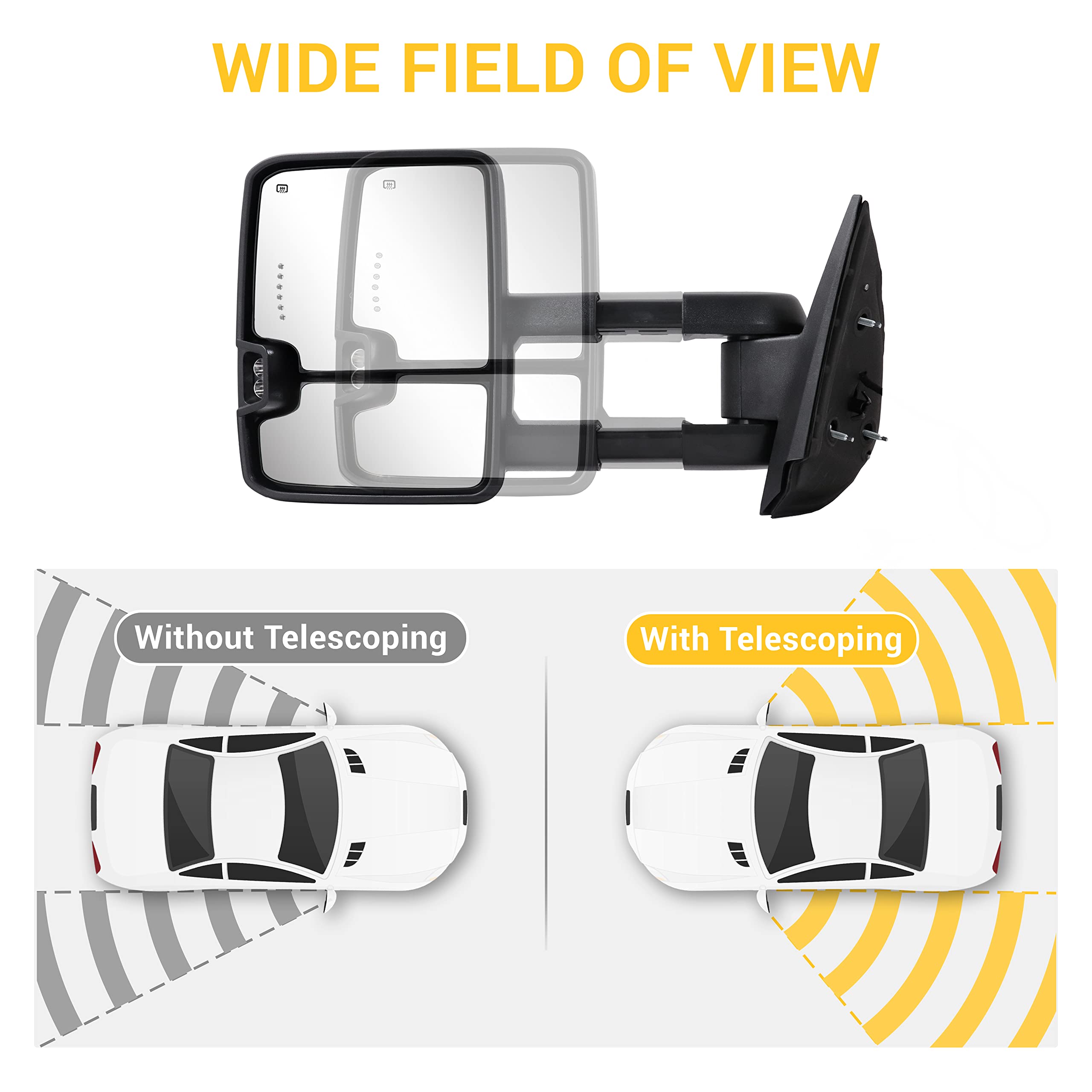 2007-2013 Chevy Silverado Suburban Tahoe GMC Sierra Yukon Towing Mirrors with Switchback Dynamic Turn Signal, Running Lights, Power Glass & Heated Backup Lamps - Black Textured - Perfect for Towing, Night Driving & Winter Conditions