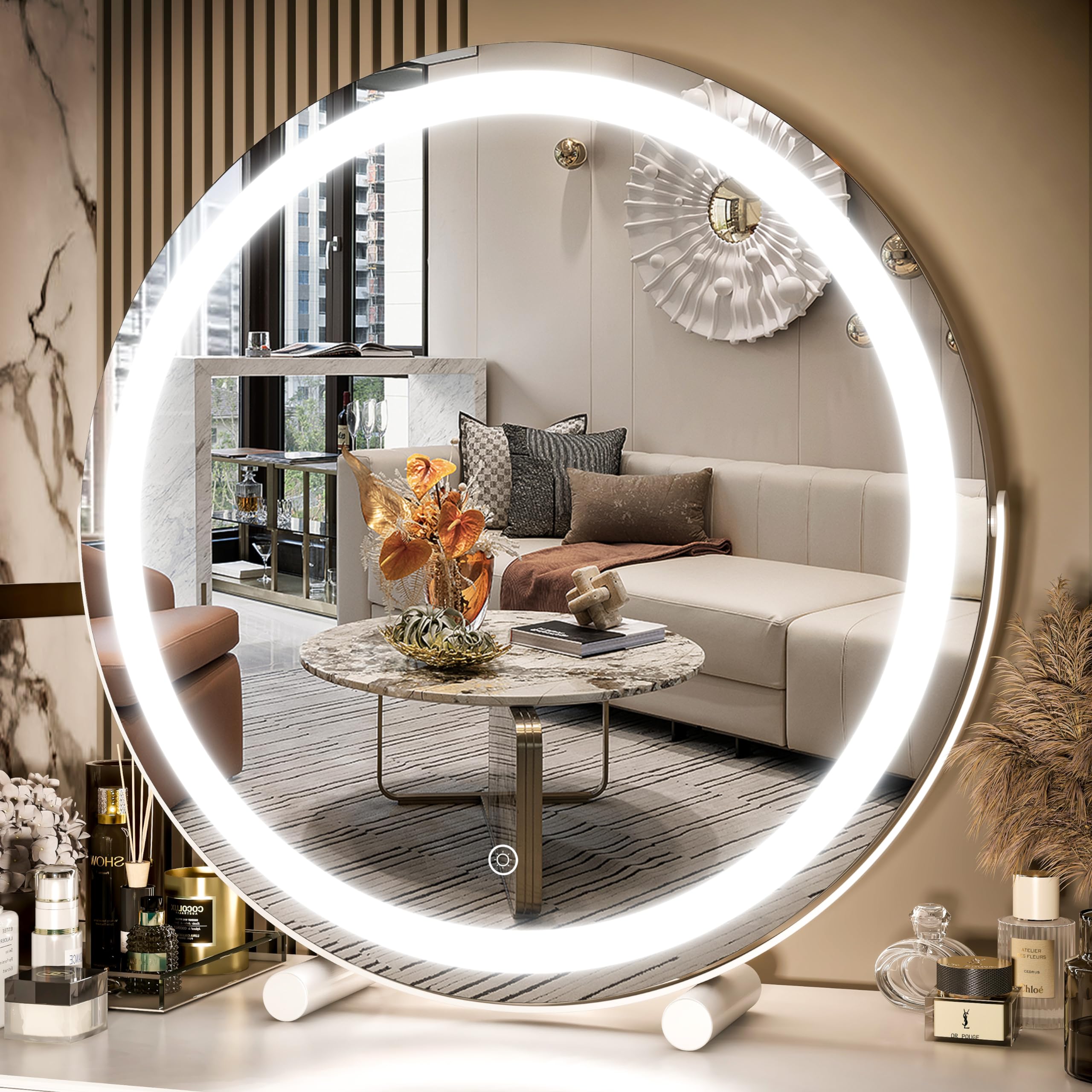 FENNIO 18 Inch Large LED Vanity Mirror with Touch Screen - 3 Color Dimmable Lighting, Round Lighted Makeup Mirror for Vanity Desk, Bedroom, Dressing Room & Professional Makeup Application