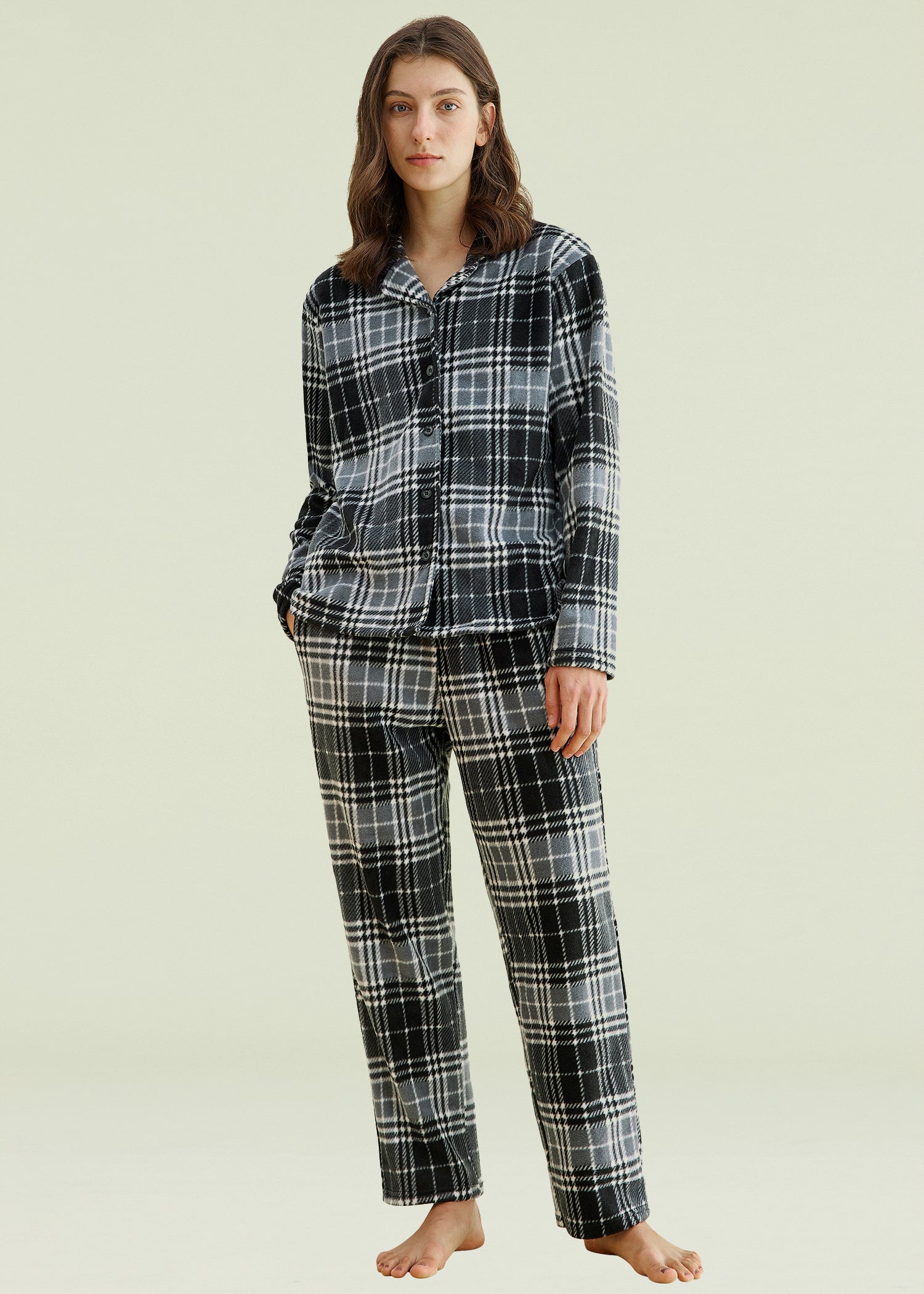 Cozy Women's Plaid Fleece Pajama Set - Button-Down Notch Collar Shirt & Lounge Pants for Winter Sleepwear, Christmas Gifts & Cozy Night In