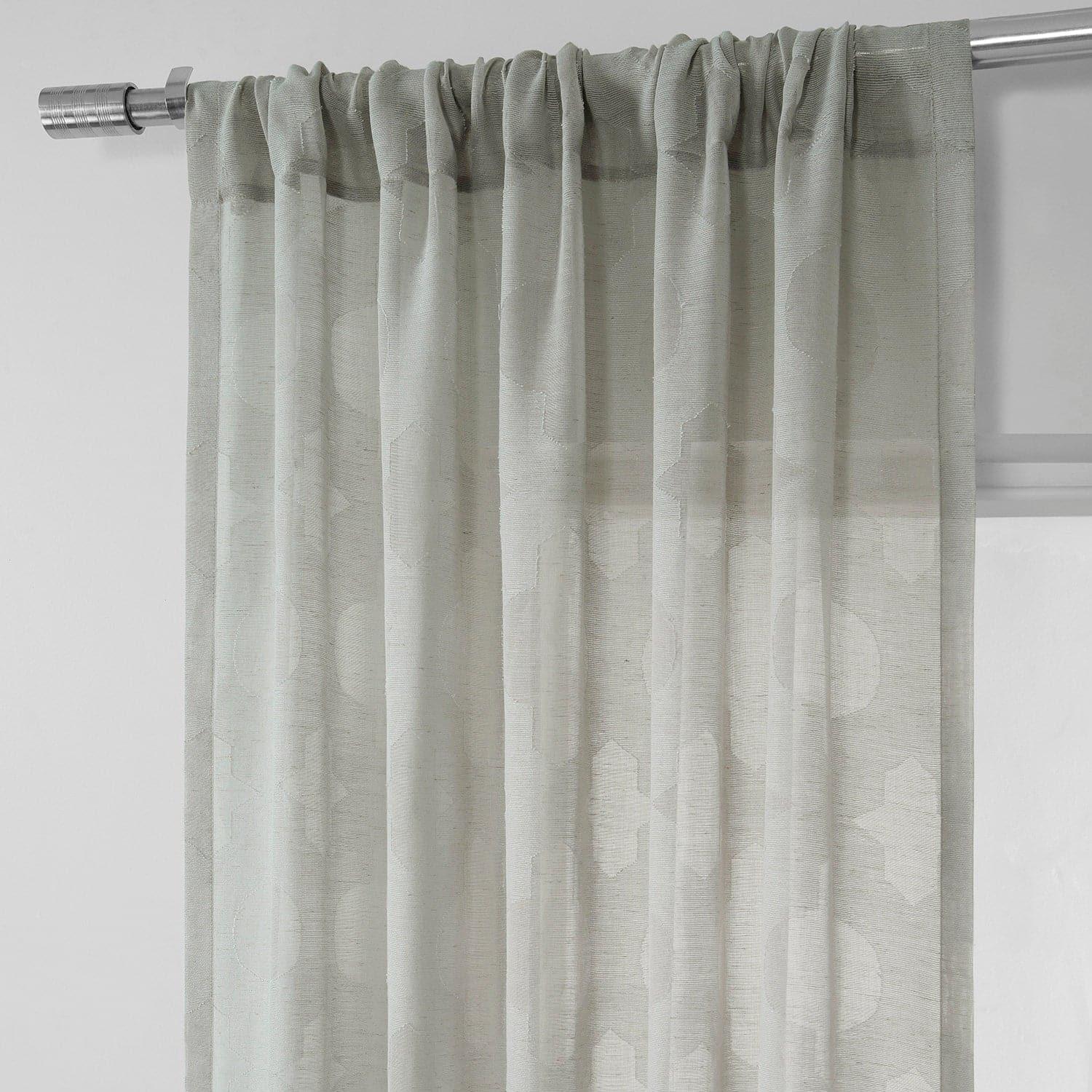 Calais Tile Grey Geometric Patterned Faux Linen Sheer Curtains - Modern Window Treatment for Living Room, Bedroom & Office Decor