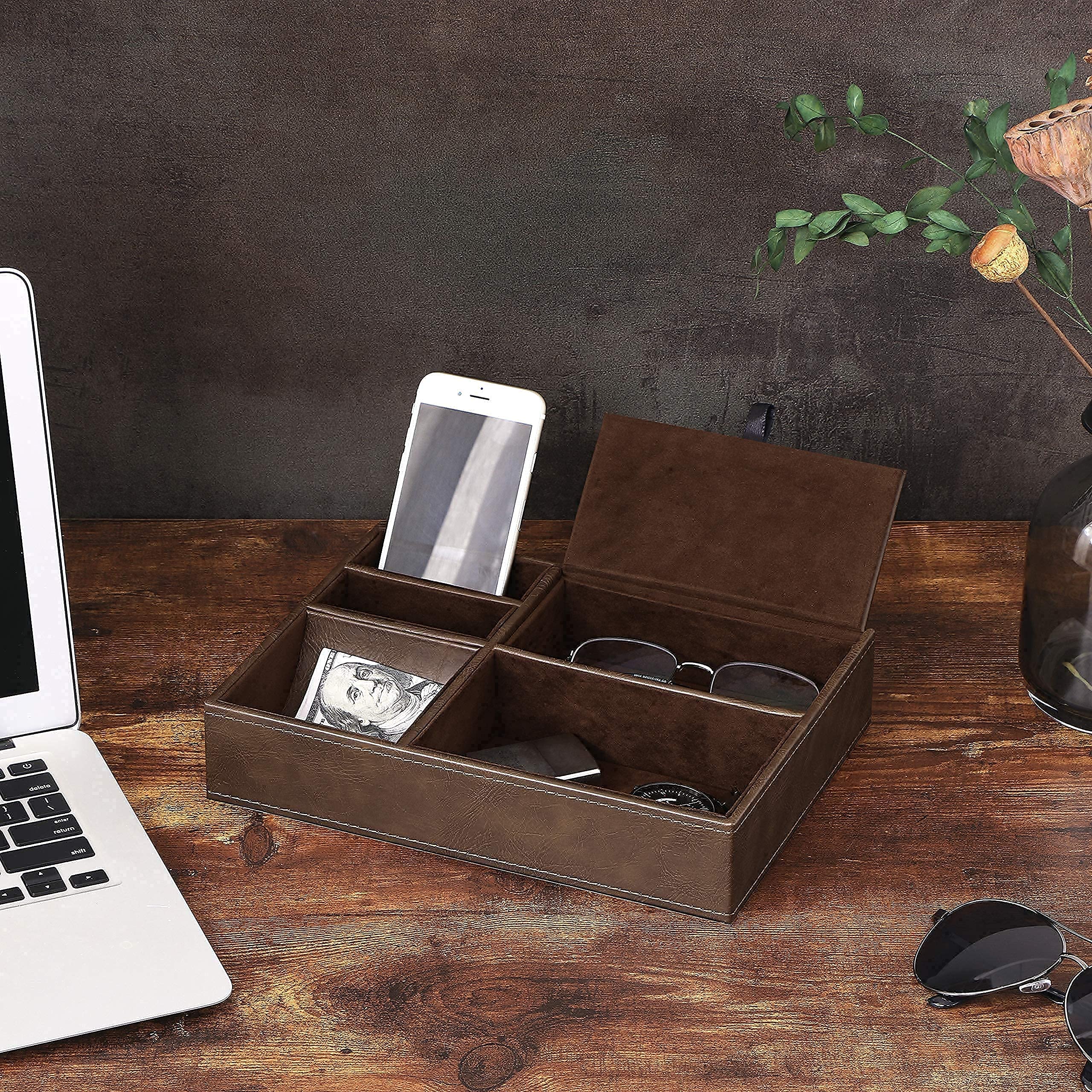BEWISHOME Men's Valet Tray - Leather Dresser Organizer for Jewelry, Watches, Coins & Keys - Nightstand Storage Box for Men's Accessories | Perfect for Bedroom, Dresser & Travel Organization