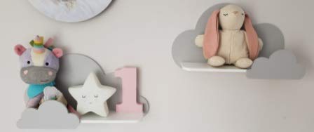 Happy Woody Set of 2 Cloud Wall Shelves - Natural Wood Floating Shelves for Nursery, Baby Room Decor, Kids Room Wall Decor - Perfect for Organizing Toys, Books, and Displaying Decorations (Soft Grey)